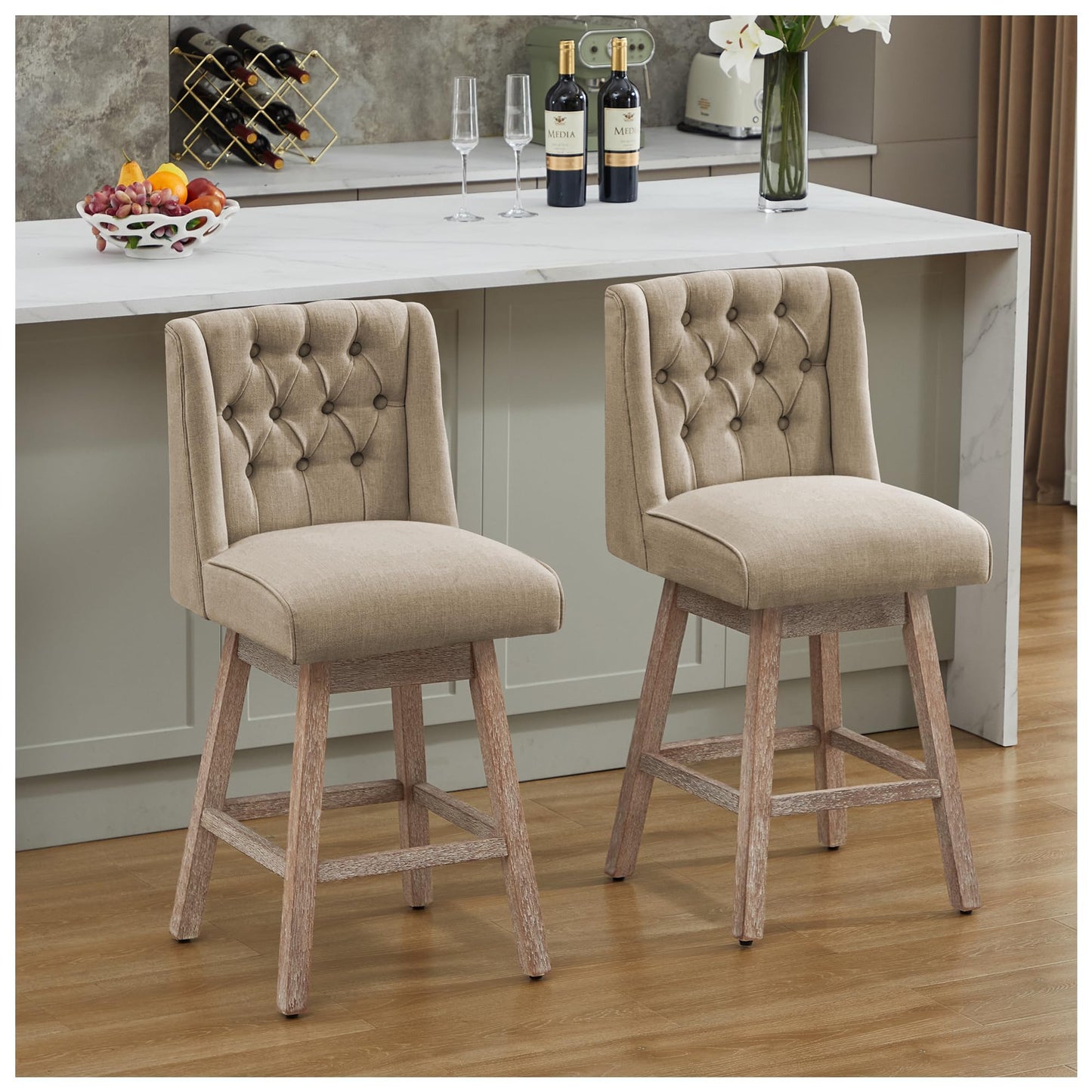 UDAX 26" Swivel Bar Stools Set of 4, Counter Height Barstools with Back, Linen Fabric Upholstered Bar Stools, Modern Barstools Wood Legs for Kitchen Island Dining Room Bar (Brown, 4PCS-26in)