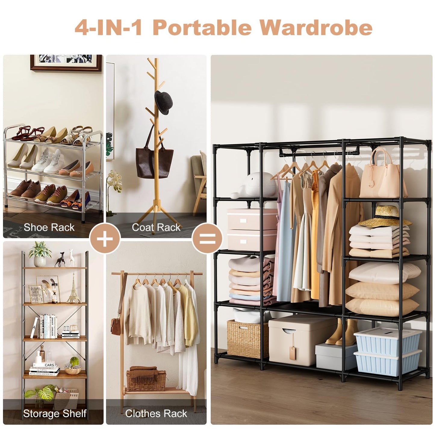 BrFoYu Portable Closet for Hanging Clothes 57.3 Inch Large Capacity Wardrobe Closet with Cover, 8 Pockets and 1 Hanging Rod, Easy Assembly Closet Organizer for Bedroom, Black