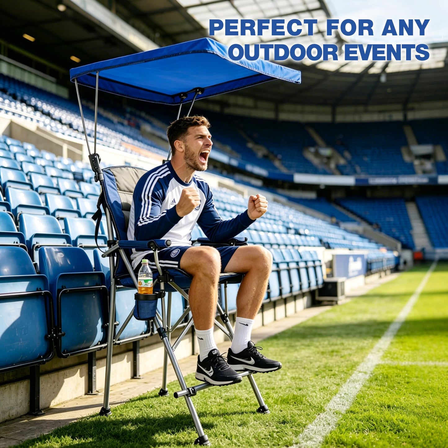 Stonehomy Extra Tall Folding Chairs with Canopy Shade for Adults, Portable Height Foldable Director Chairs with Umbrella for Concerts Sports Events Camping Outside with High Back and Footrest, Blue
