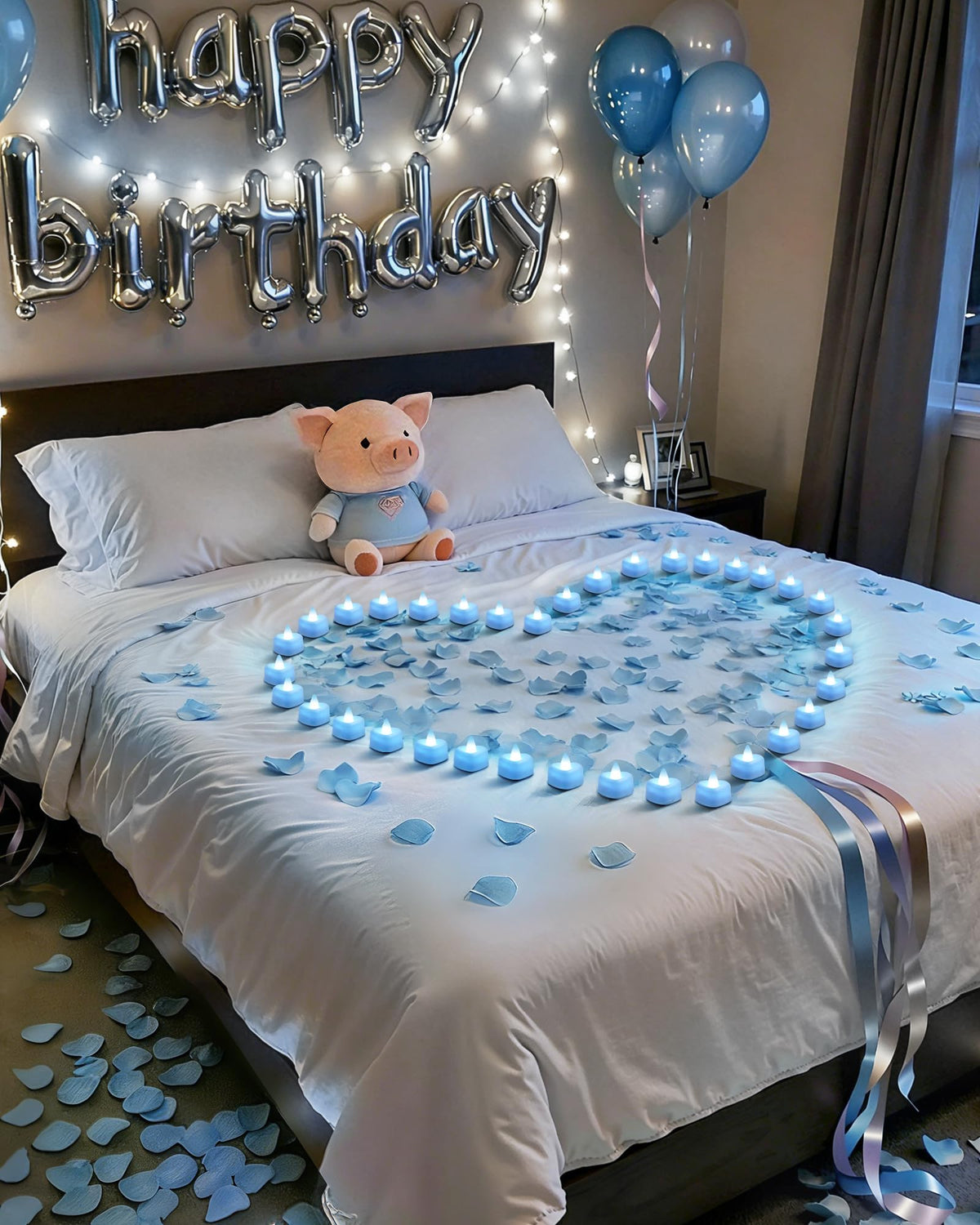 Amagic 2000 Pieces Light Blue Artificial Rose Petals with 24 Light Blue LED Tea Lights, Rose Petals and Candles Set for Proposal, Anniversary, Romantic Night, Wedding Decor