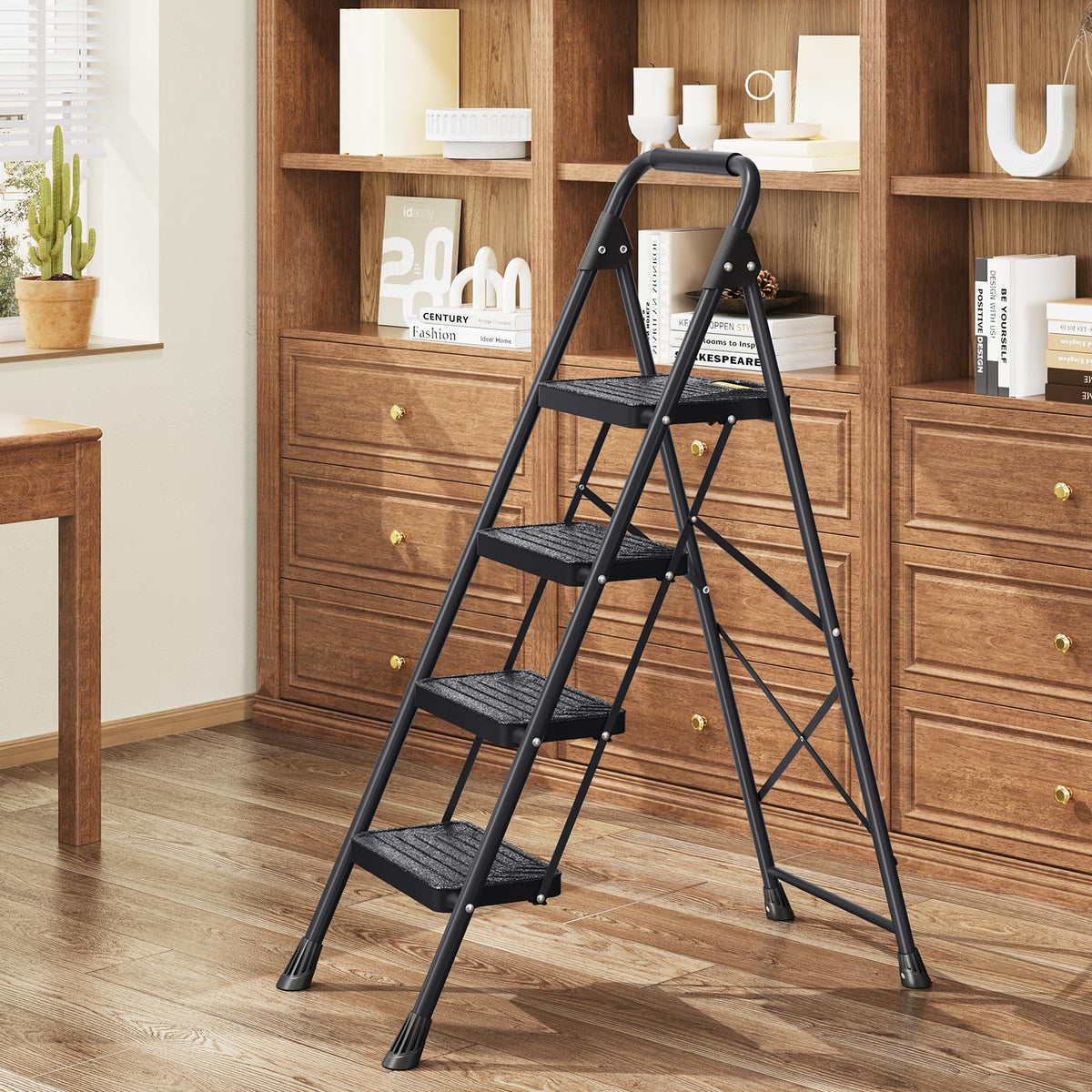 KINGRACK 4 Step Ladder, Sturdy Steel Step Stool with Anti-Slip Wide Pedals, Handrail, Safe-Lock Design, Pass 800lbs Load Testing, Folding Portable Ladder for Multi-Purpose, Home, Kitchen, Black