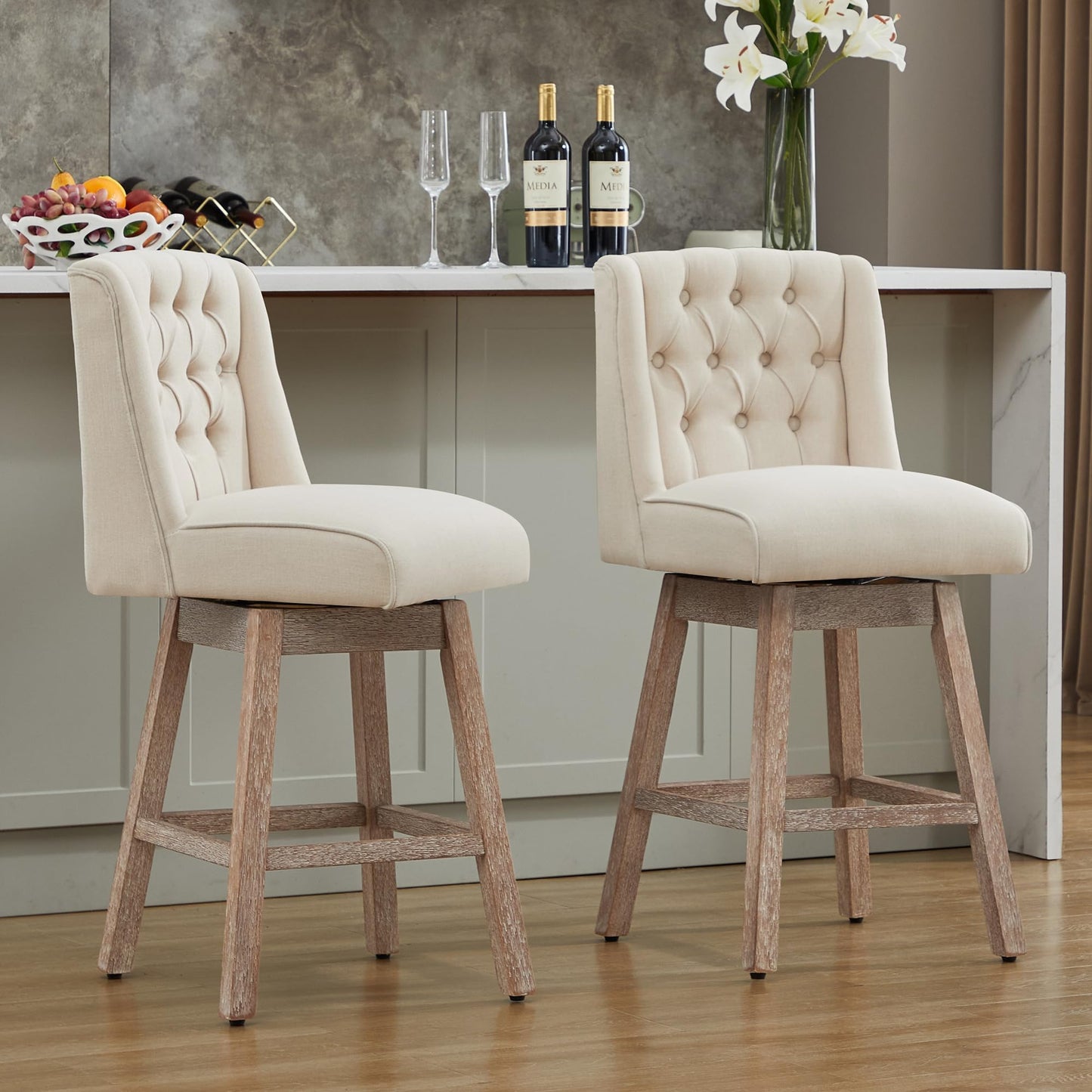 UDAX 26" Swivel Bar Stools Set of 4, Counter Height Barstools with Back, Linen Fabric Upholstered Bar Stools, Modern Barstools Wood Legs for Kitchen Island Dining Room Bar