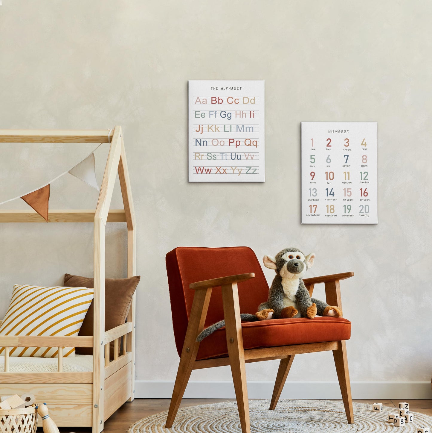 HRQKO Alphabet Numbers Nursery Canvas Wall Art Set of 2, Kids Room Decor Framed Art, ABC Numbers Educational Posters Wall Decor for Classroom Toddler Kids Nursery Bedroom Playroom, 11x14 inch