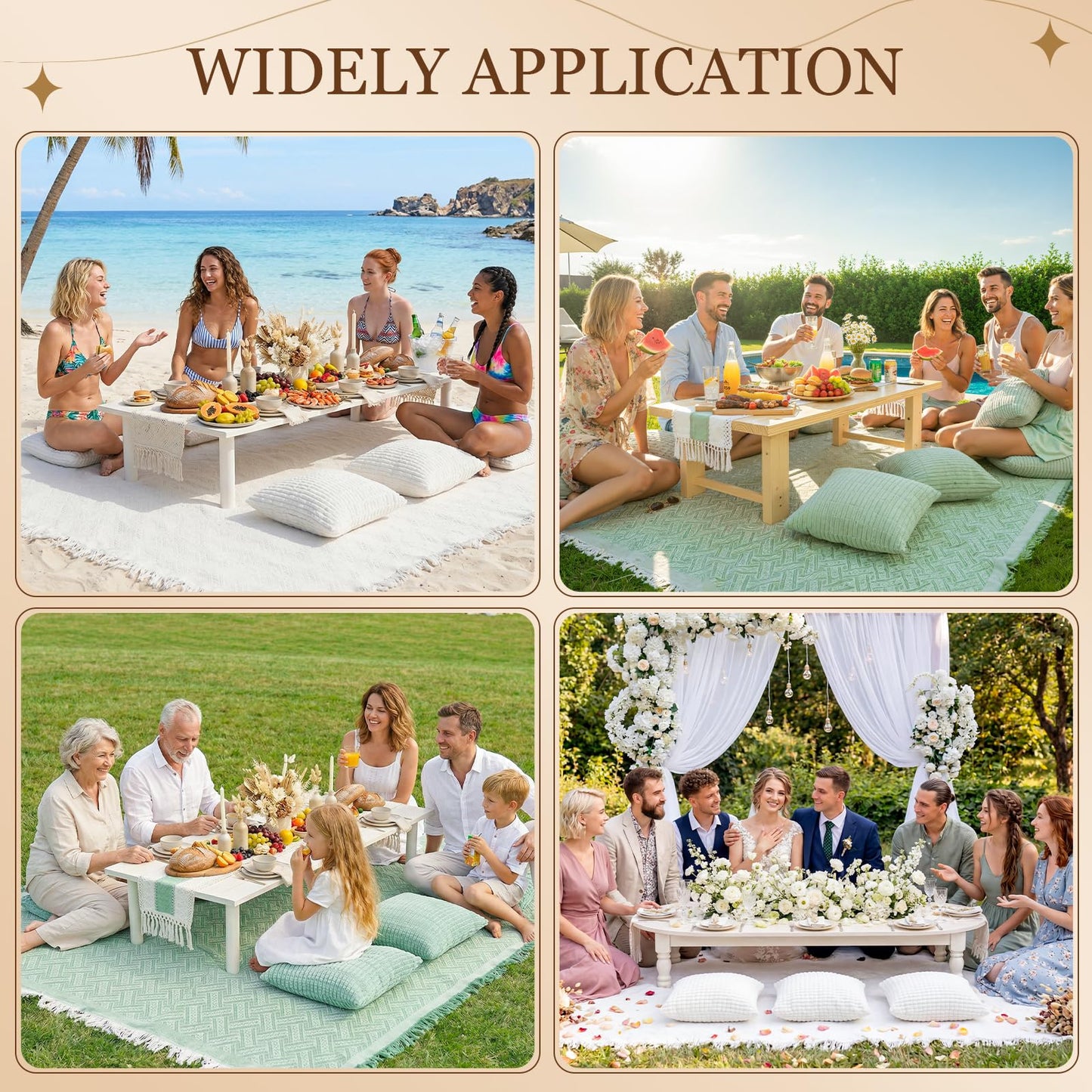 Extra Large Outdoor Rug Boho Picnic Blanket with Low Table Runner and 6 Throw Pillows Covers Set Wedding Party Decoration Photoshoot Home Garden Party Decor Patio Lawn Mat Beach Party theme Supplies