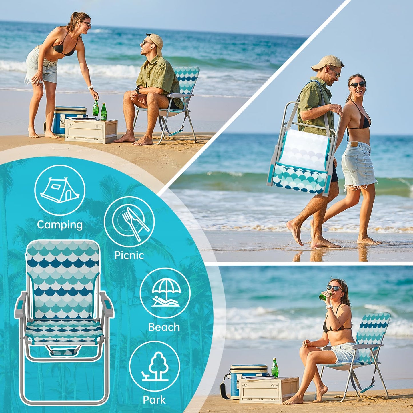 #WEJOY Folding Beach Chair for Adults, Lightweight Beach Chair with Shoulder Straps, High Back Camping Chairs with Hard Armrest, Supports 300lbs for Outdoor Lawn Concert (Cyan Blue)