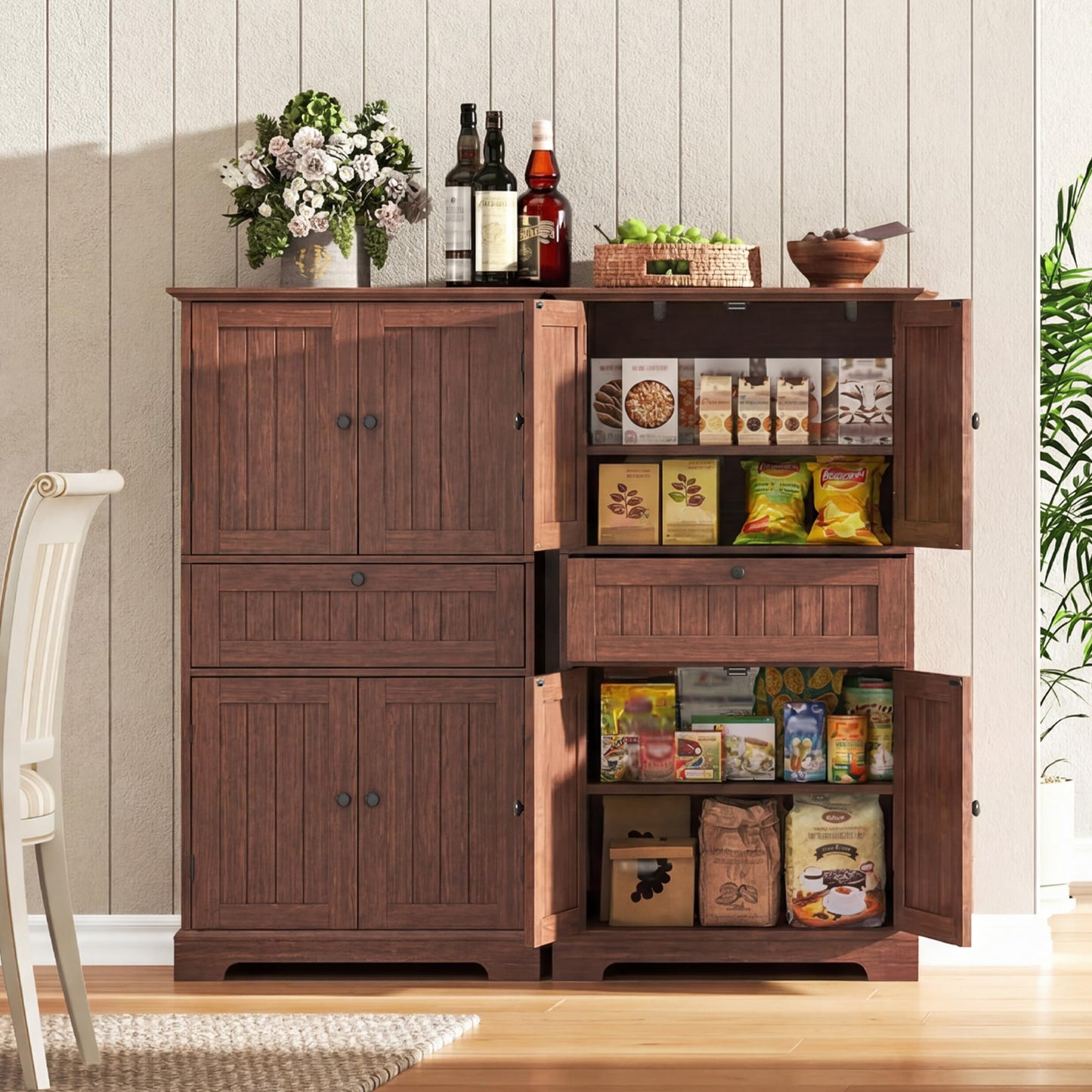 ChooChoo 51" H Tall Bathroom Floor Cabinet, Modern Bathroom Storage Cabinet with Drawer and Adjustable Shelves, Freestanding Kitchen Pantry Cupboard with 4 Doors for Living Room, Walnut