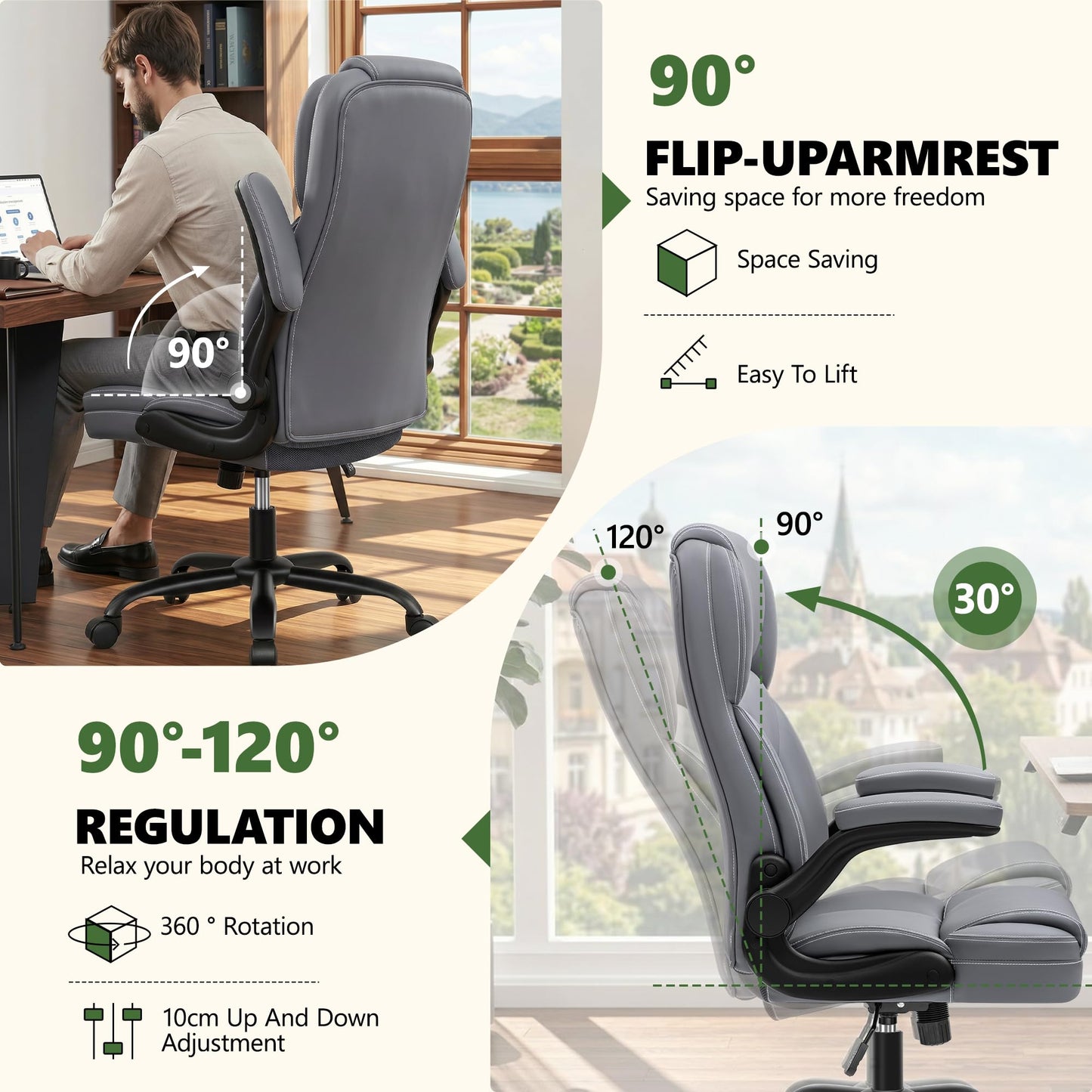 Brick Attic Leather Office Chair with Flip Up Arms, 360° Swivel Ergonomic Desk Chair with Wheels, Adjustable Height Computer Chair with Padded Seat for Home Office, Study,Gaming Room, Gray
