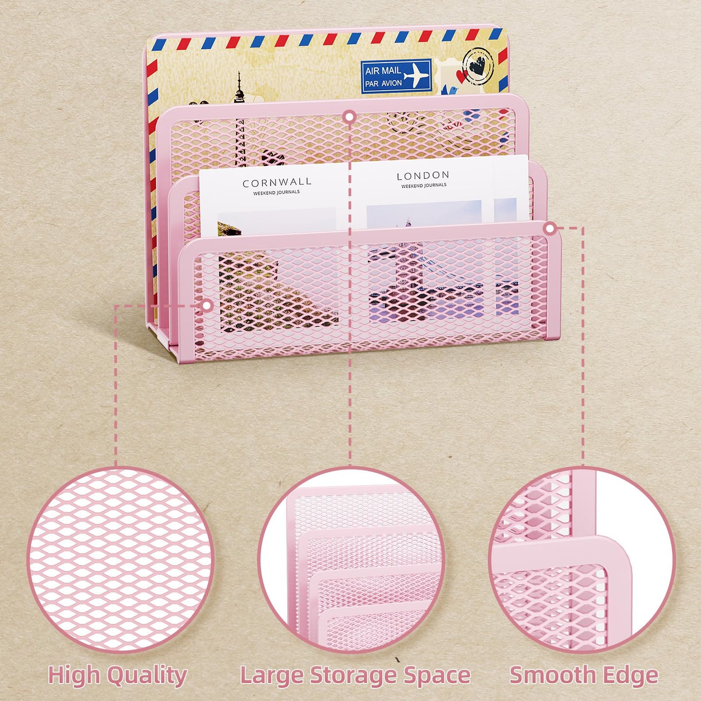 Marbrasse Mail Organizer for Desk, 3-Slot Mesh Metal Mail Holder countertop, Letter Holder, Office Desktop Envelope and Document Storage Rack (Pink)