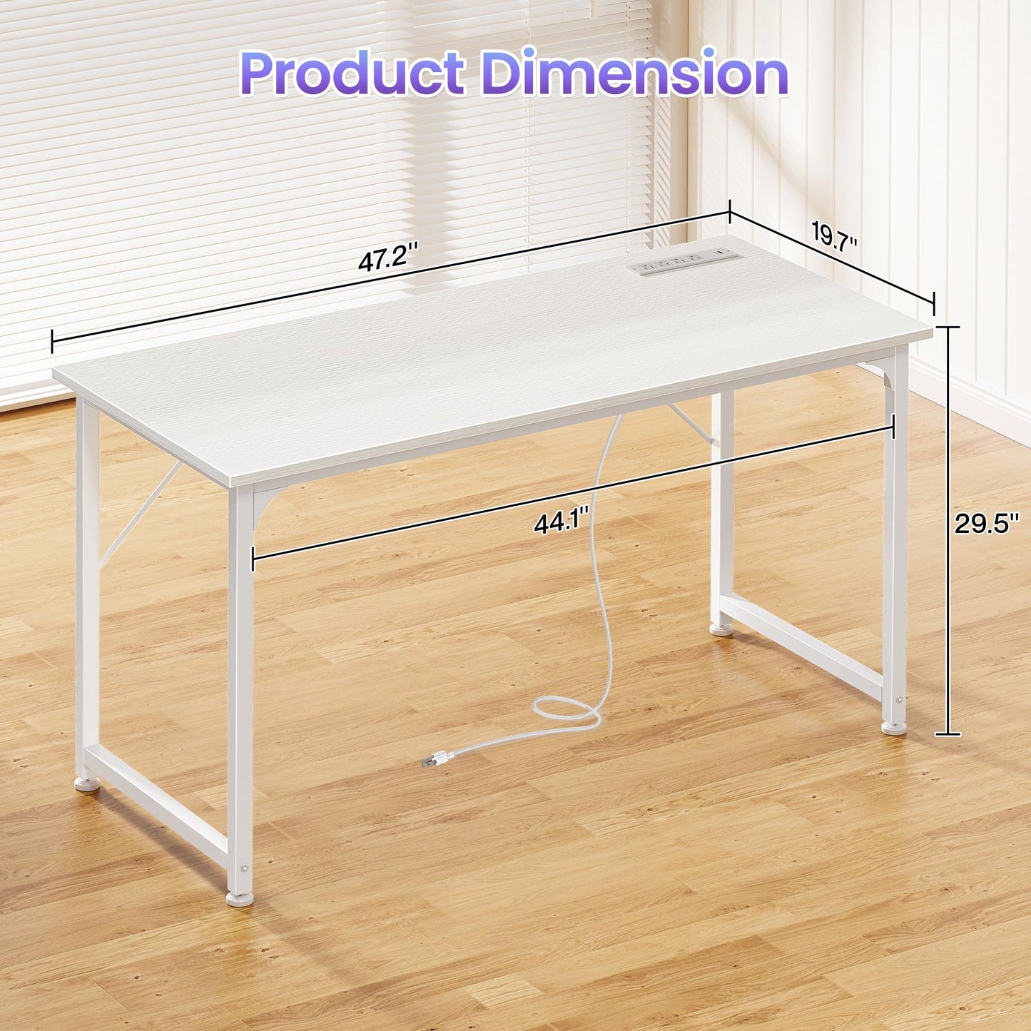 PRAISUN 47 X 20 Inch Office Computer Desk with Power Outlets and USB-C Port, Larger Gaming Desk, for Home Office, Study, Bedroom, Writing Work from Home Table, Metal Frame, White
