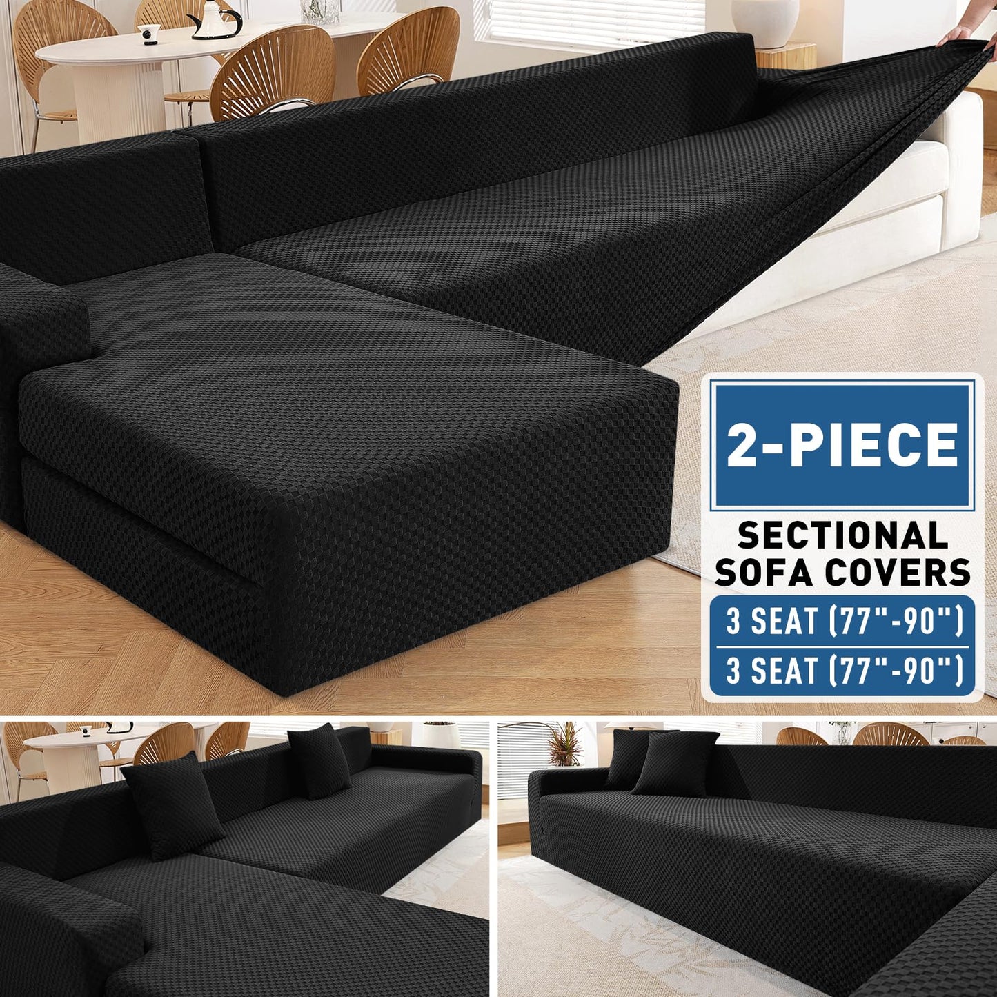ZNSAYOTX Sectional Couch Covers, Stretch Jacquard Slipcovers with Elastic Bottom for L-Shape Sectional Sofa, 2 Pcs Pet Friendly Modular Sofa Protector (3 Seat Couch + 3 Seat Chaise, Black)