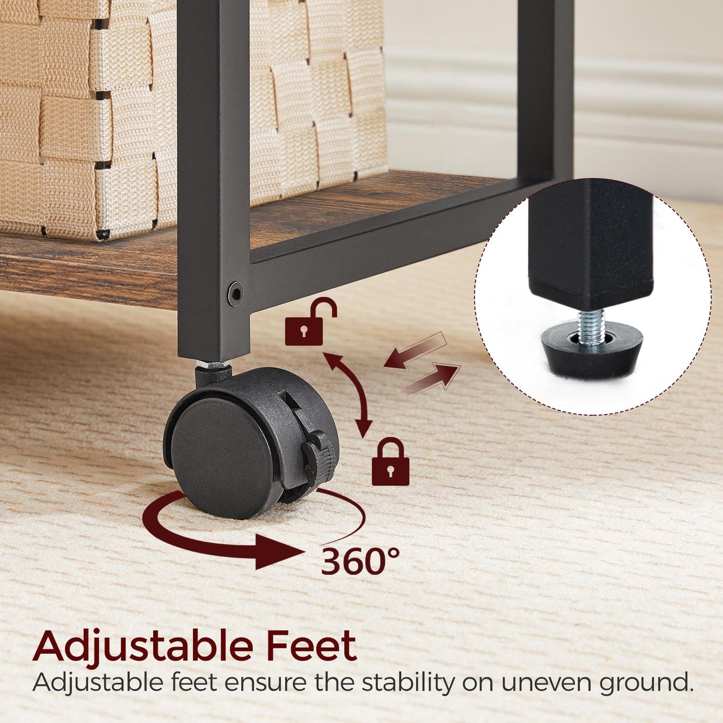 MAHANCRIS Printer Stand, 3-Tier Under Desk Rolling Cart with Storage Shelf, Heavy Duty Printer Table with Wheels for Home and Office, Printer Shelf with 2 Hooks, Small Spaces, Rustic Brown PTHR4001Z