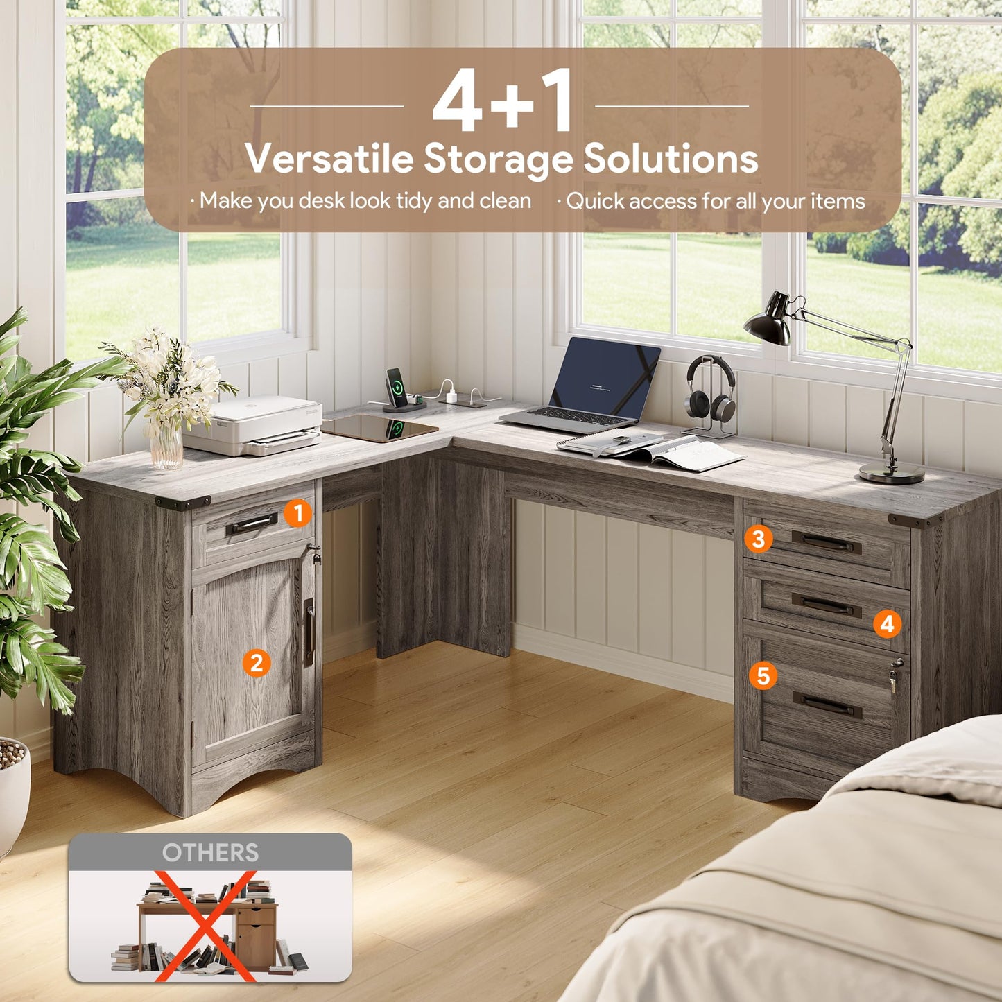 OneBlis Farmhouse 67" L Shaped Executive Desk with Drawers, Wood Home Office Corner Desk with Power Outlets, Lockable File Cabinet, Rustic Computer Writing Desk for Home Office, Grey