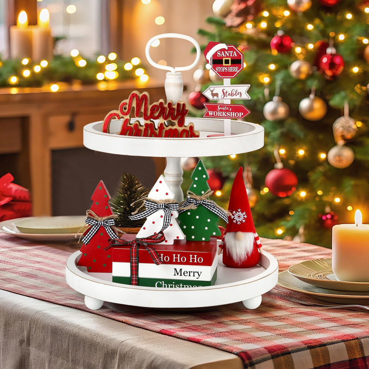 Christmas Decoration 6PCS Table Centerpieces, Tabletop Christmas Decor for Tiered Tray Shelf Mantel Fireplace Coffee Bar Office Desk Farmhouse Xmas Holiday Decoration Wood Faux Book and Tree Sign