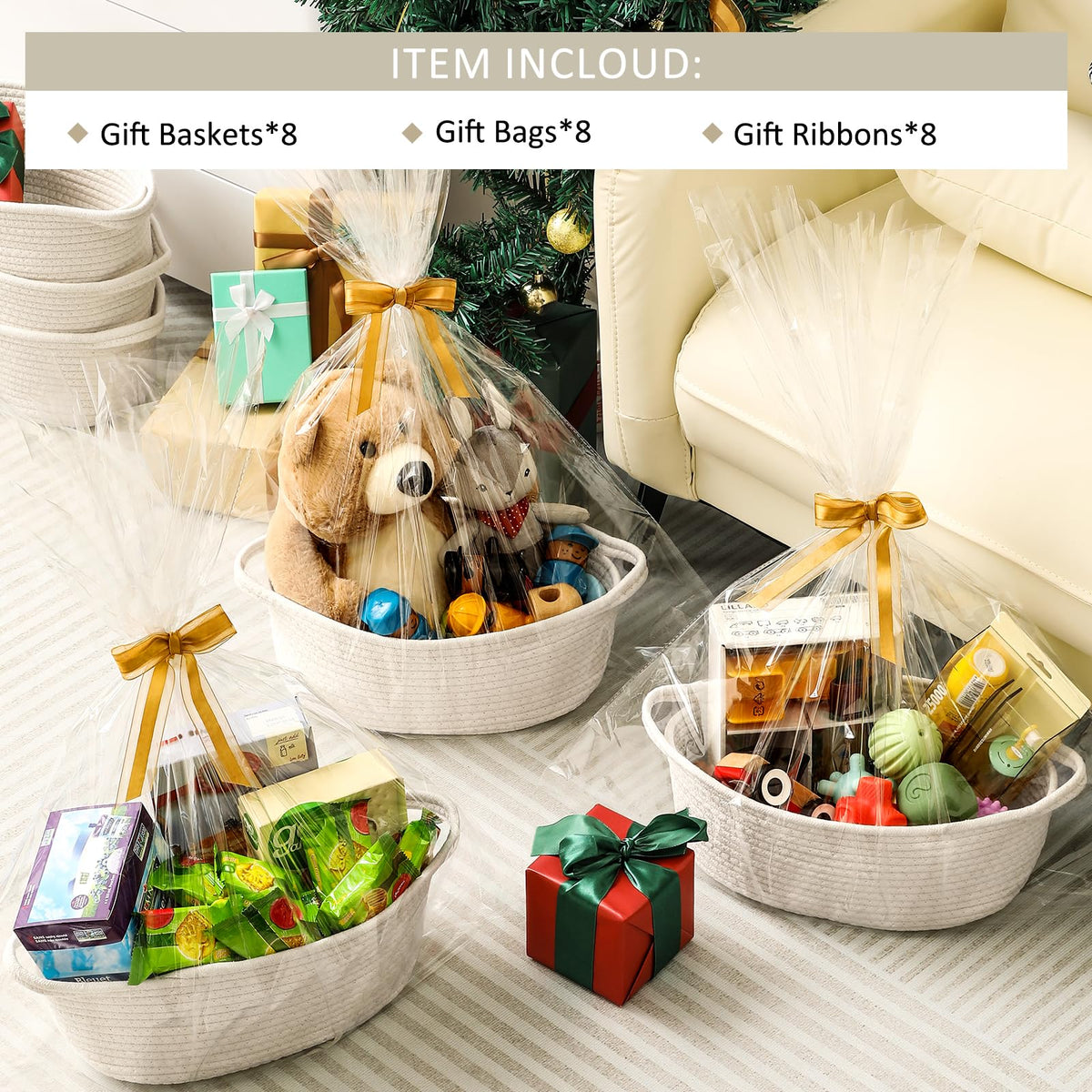 8 Pack Small Woven Basket with Gift Bags and Ribbons, All 12"x 8"x 5", Empty Decorative Gift Chest Box, Cute Baby Gift Basket for Nursery, Cotton Rope Room Shelf Storage Basket with Handles, White