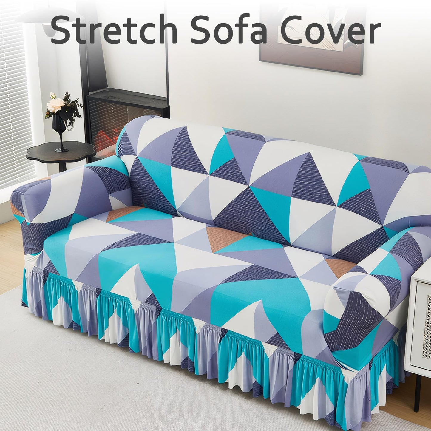 Ausing Printed Sofa Cover with Skirt Easy Fitted Armchair Slipcover Stretch Non-Slip Single Couch Cover Washable Universal Furniture Protector Blue Geometric(35”-55”)