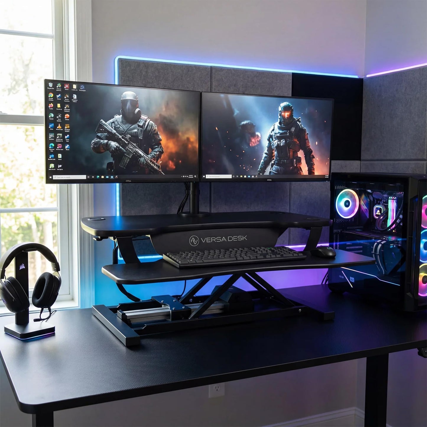 Power Pro Electric Height-Adjustable Desk Riser by VersaTables | USA Manufactured | Standing Desk Converter | Sit to Stand Desktop with Keyboard + Mouse Tray | 36"x 24" | Black