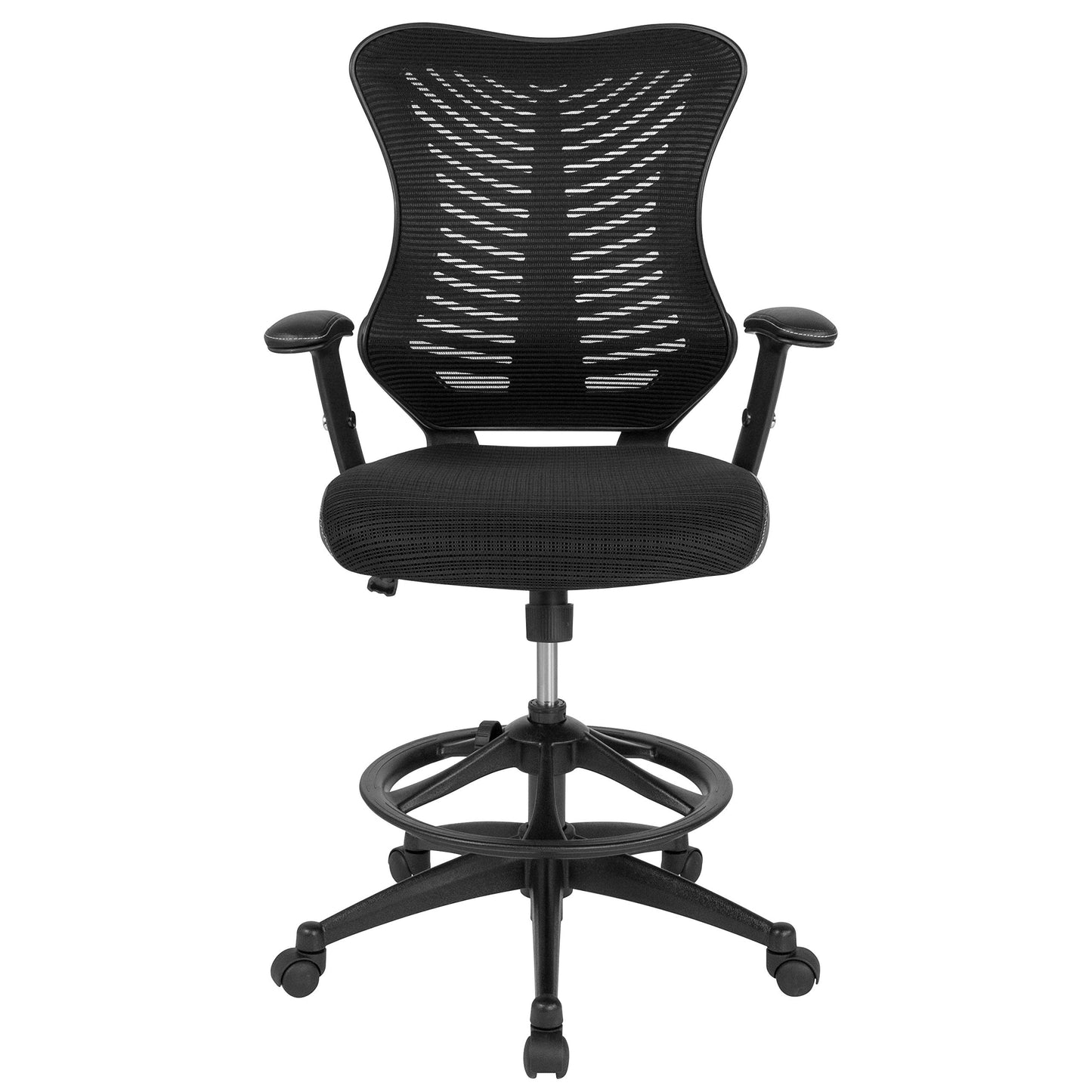 Flash Furniture Waylon High Back Designer Black Mesh Drafting Chair with LeatherSoft Sides and Adjustable Arms