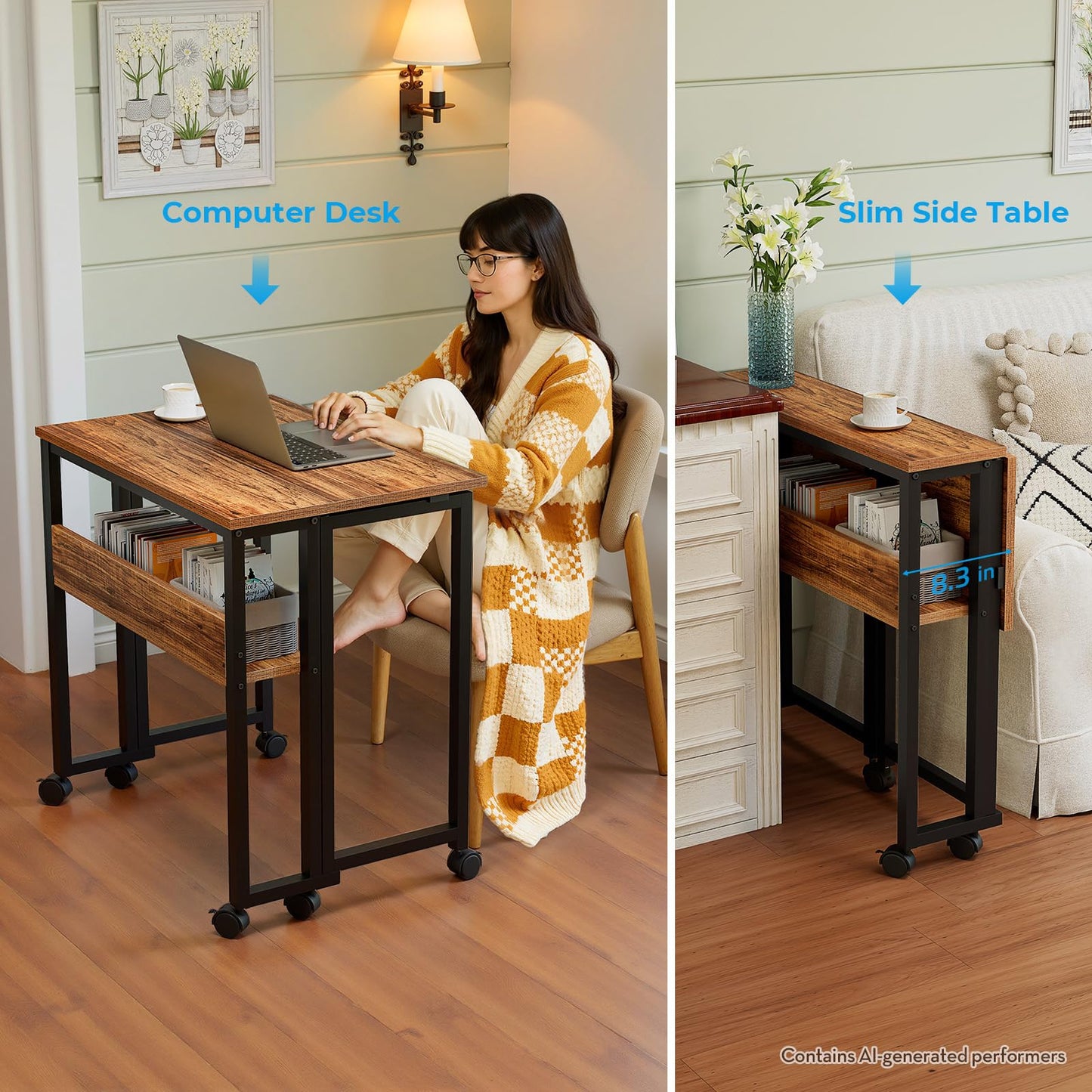 GreenForest Folding Desk with Wheels, 24.8 Inch Compact Rolling Computer Table with Storage Shelf, Portable Mobile Workstation for Small Spaces, Easy Assembly,Walnut