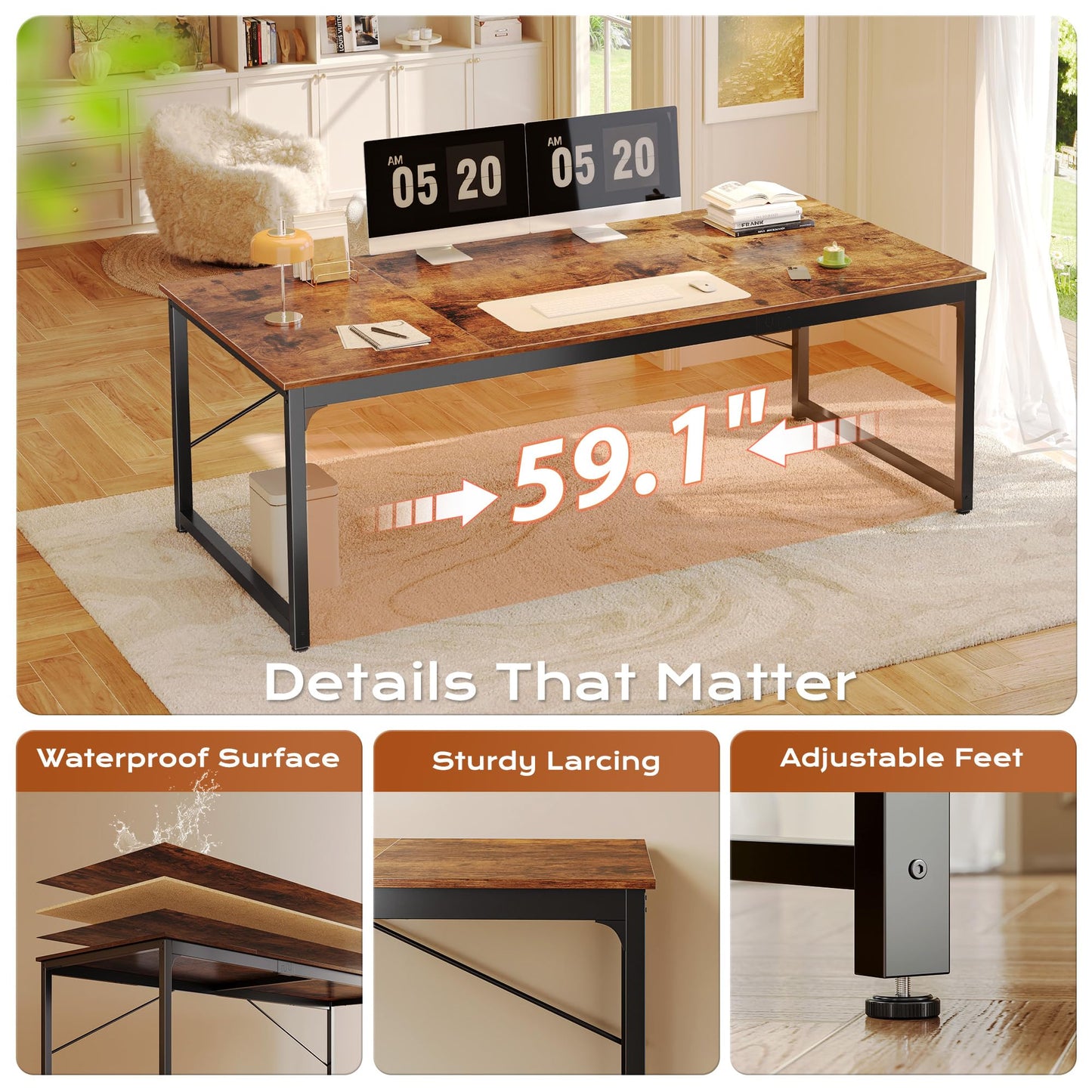 PRAISUN 63 X 29.5 Inch Computer Desk with Deeper Desktop, Gaming Office Writing Work Desk for Home Office, Study, Bedroom, Work from Home, Metal Frame, Rustic Brown