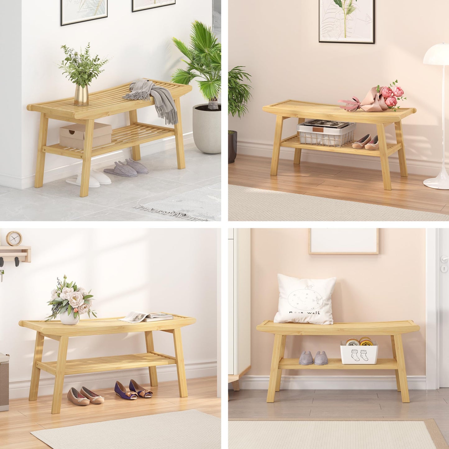 Bamboo Dining Bench Indoor Long Bench Sturdy & Comfortable Indoor Storage Bench Durable Slat Woven Design Modern Entryway Seating for Hallway (Nature, 2 Tiers)