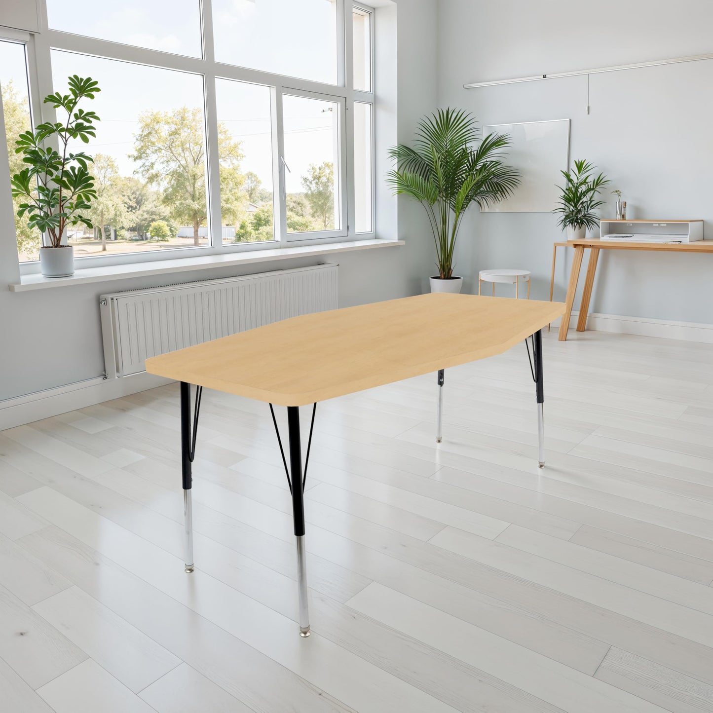 Factory Direct Partners FDP 34" x 60" Long Hexagon Thermofused Classroom Activity Table with Standard Swivel Glide, Adjustable Height 19"-30" - Maple Grain/Black - 15592-284