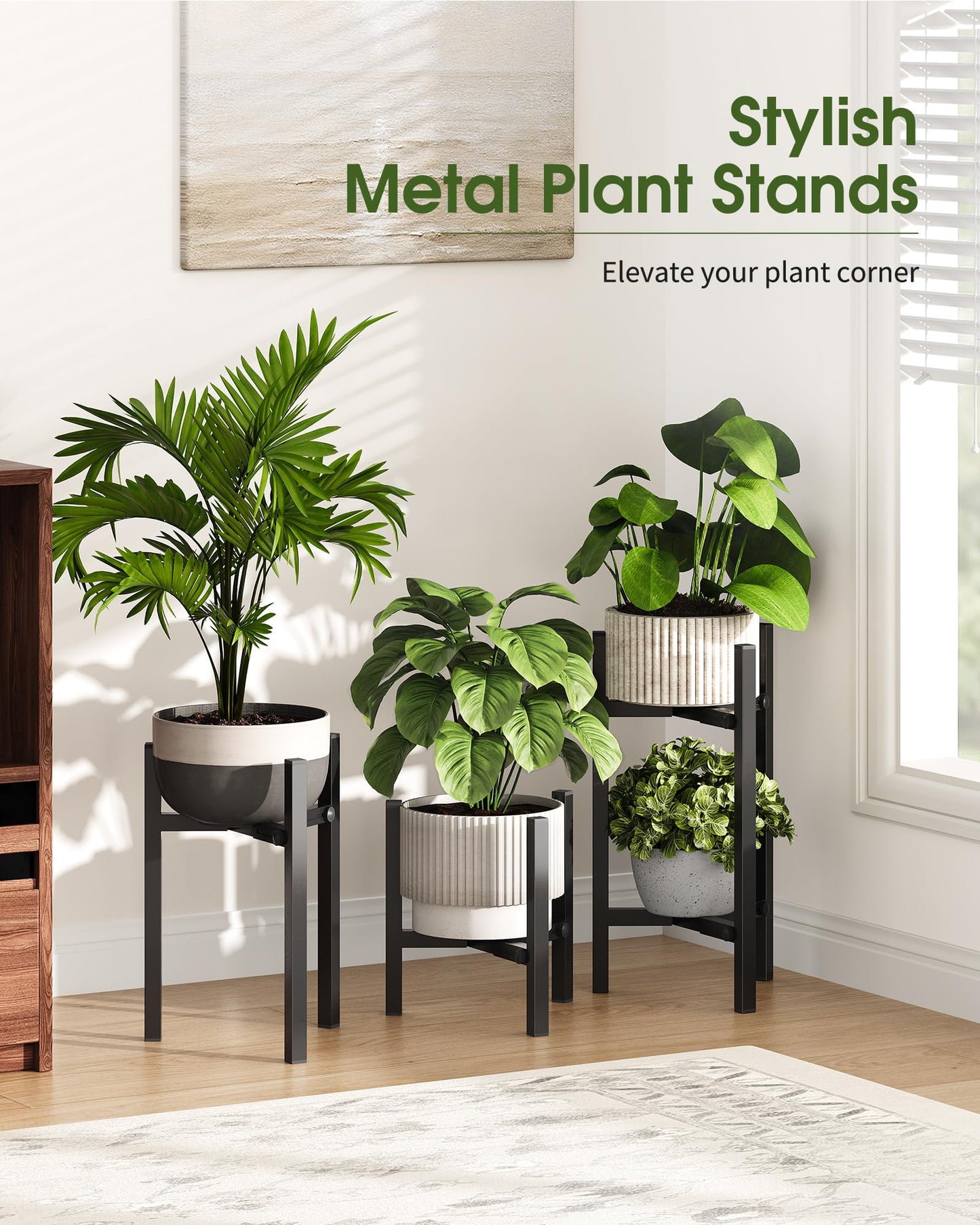 AZADESJET 3 Pack Plant Stand Indoor Adjustable, Metal Modern Indoor Plant Stand, Heavy Duty Single Plant Stands Outdoor Corner, Stable Plant Holder Indoor Stand, Fits 8 to 12 Inches Pots, Black