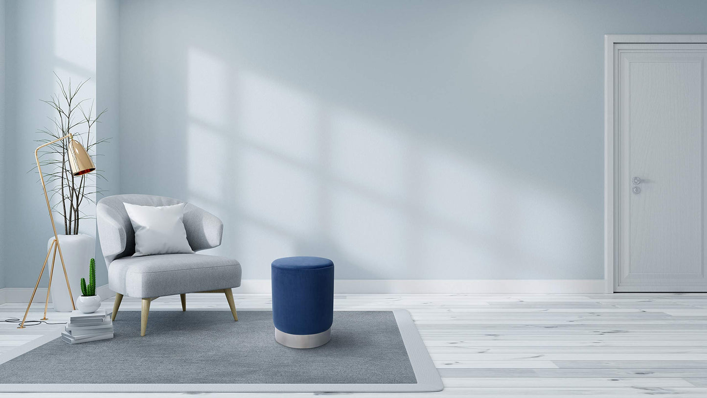 BIRDROCK HOME Round Ottoman Foot Stool – Modern Soft Padded Velvet Vanity Chair with Silver Metal Trim – Accent Chair or Foot Rest for Living Room, Bedroom, or Dressing Room (Blue)