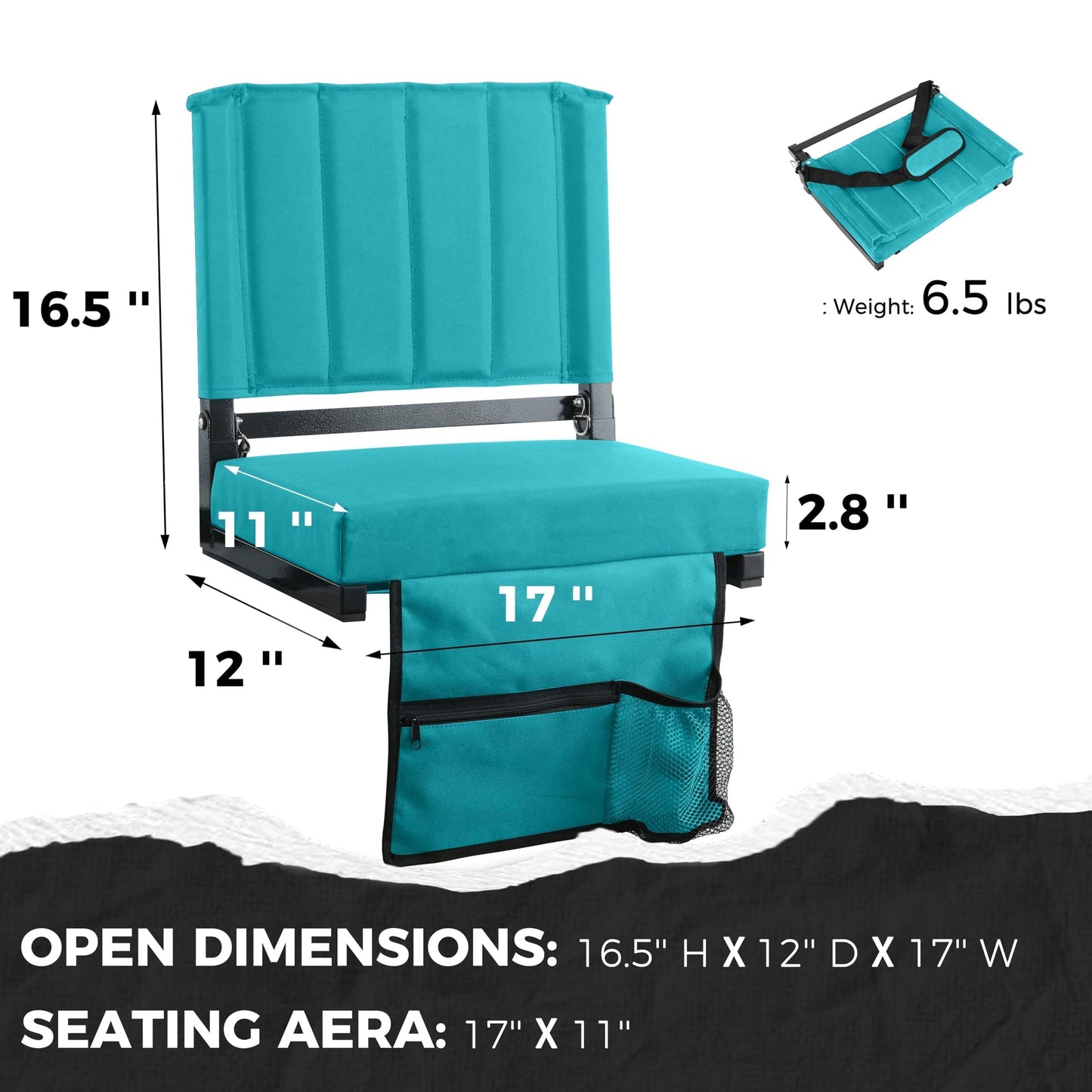 SPORT BEATS Stadium Seats with Back Support Bleacher Chairs with Back and Cushion Thick Padded Bleacher Seats Includes Shoulder Strap Cyan 1pc Standard