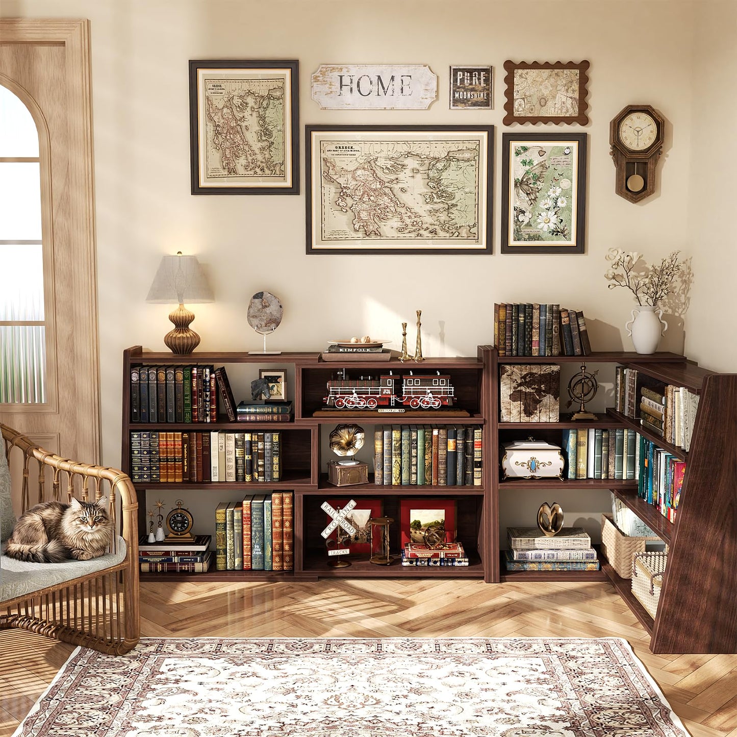 Armocity Expandable Bookshelf, Short Corner Bookshelf for Small Spaces, Small Ladder Book Shelf, Extendable Wood Narrow Bookcase for Living Room, Bedroom, 4 Tier, Black Walnut