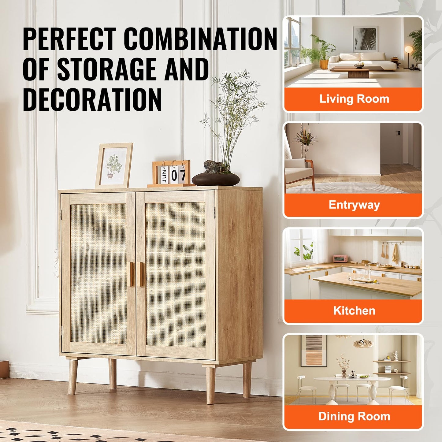VEVOR Sideboard Cabinet, Buffet Cabinet with 2 Magnetic Doors and Adjustable Shelves, Sideboard Buffet for Hallway, Entryway, Living Room, or Kitchen, Natural