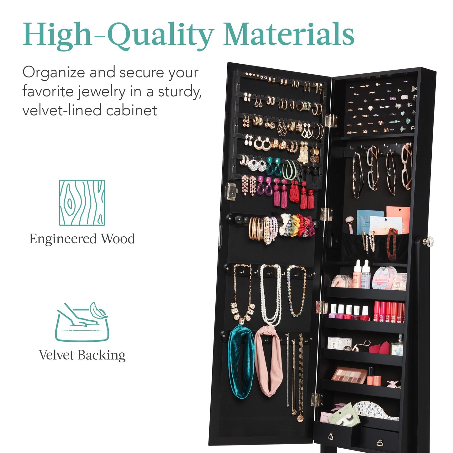 Best Choice Products Freestanding Jewelry Armoire Cabinet, Full Length Standing Mirror, Lockable Makeup Storage Organizer, w/Velvet Lining, 3 Angles, Lock, Accessory Pouch, 5 Shelves - Black