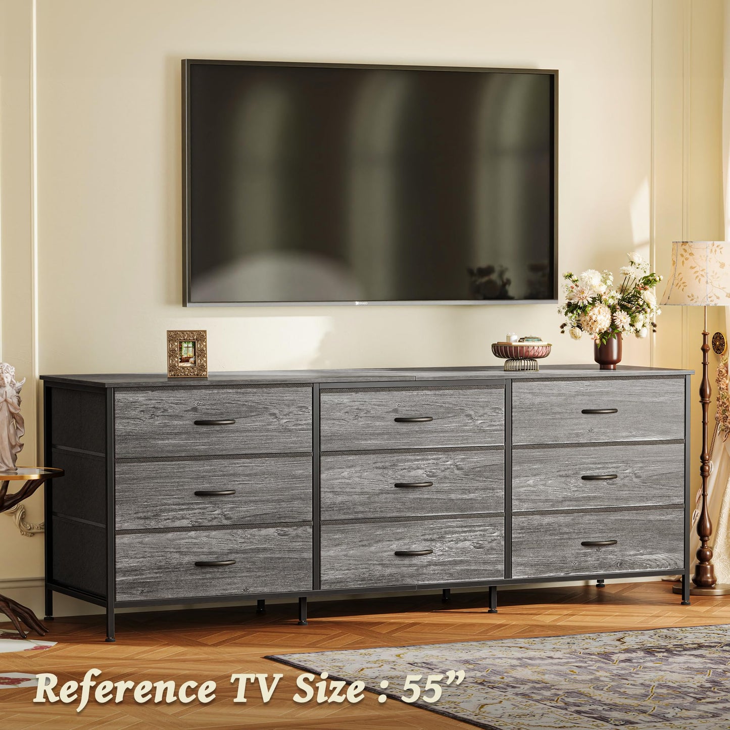 Huuger 63 Inch Dresser for Bedroom, Long Dresser for Closet with 9 Drawers, Large TV Stand for 55, 65, 70 Inch TV, Entertainment Center with Storage, Wide Chest of Drawers, Grey