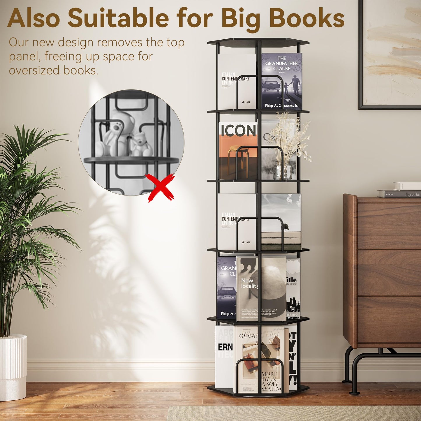SUNMORY 5 Tier Rotating Bookshelf Tower, Revolving 360 ° Spinning Bookcase, Hexagonal Corner Book Shelf Storage Carousel, Vertical Rotate Turning Organizer Book Shelves for Living Room Office Bedroom