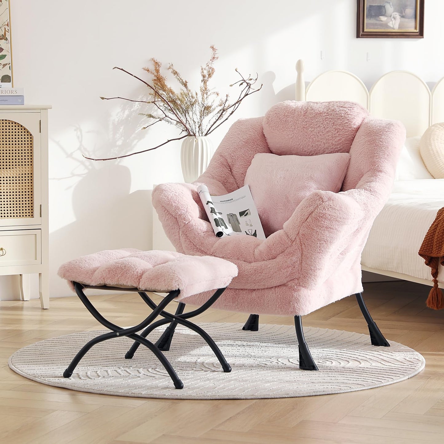 HomEastlly Lazy Chair with Ottoman, Large Pink Accent Chair with Ottoman and FA Throw Pillow, Comfy Plush Reading Chair for Living Room Bedroom Dorm Room Office Apartment Relaxing Use