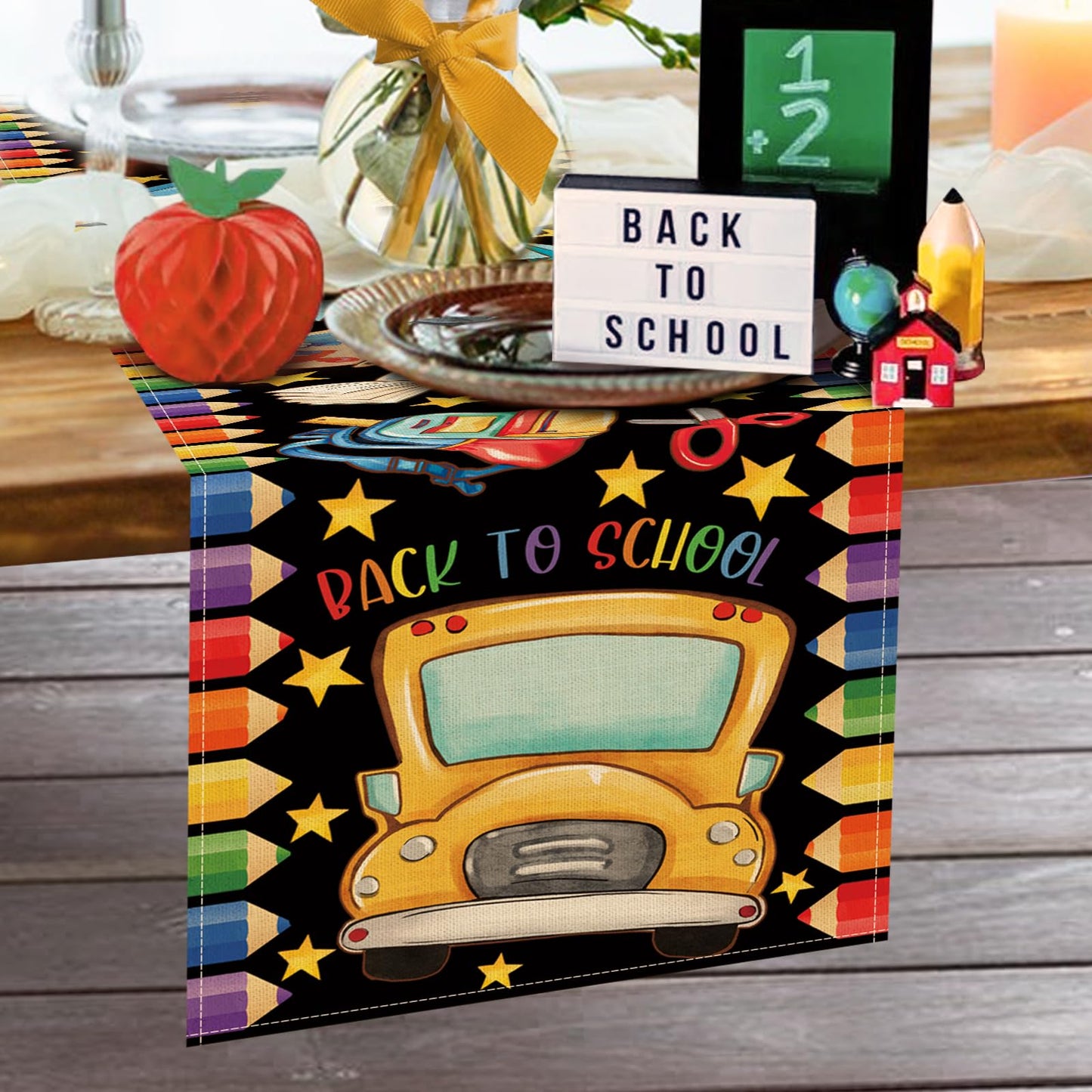 Croar Back to School Bus Dining Table Runner, First Day of School Bag Book Pencil Painting Tellurion Burlap Kitchen Decoration, Classroom Indoor Outdoor Home Decor Party Supply 13 x 72 Inches