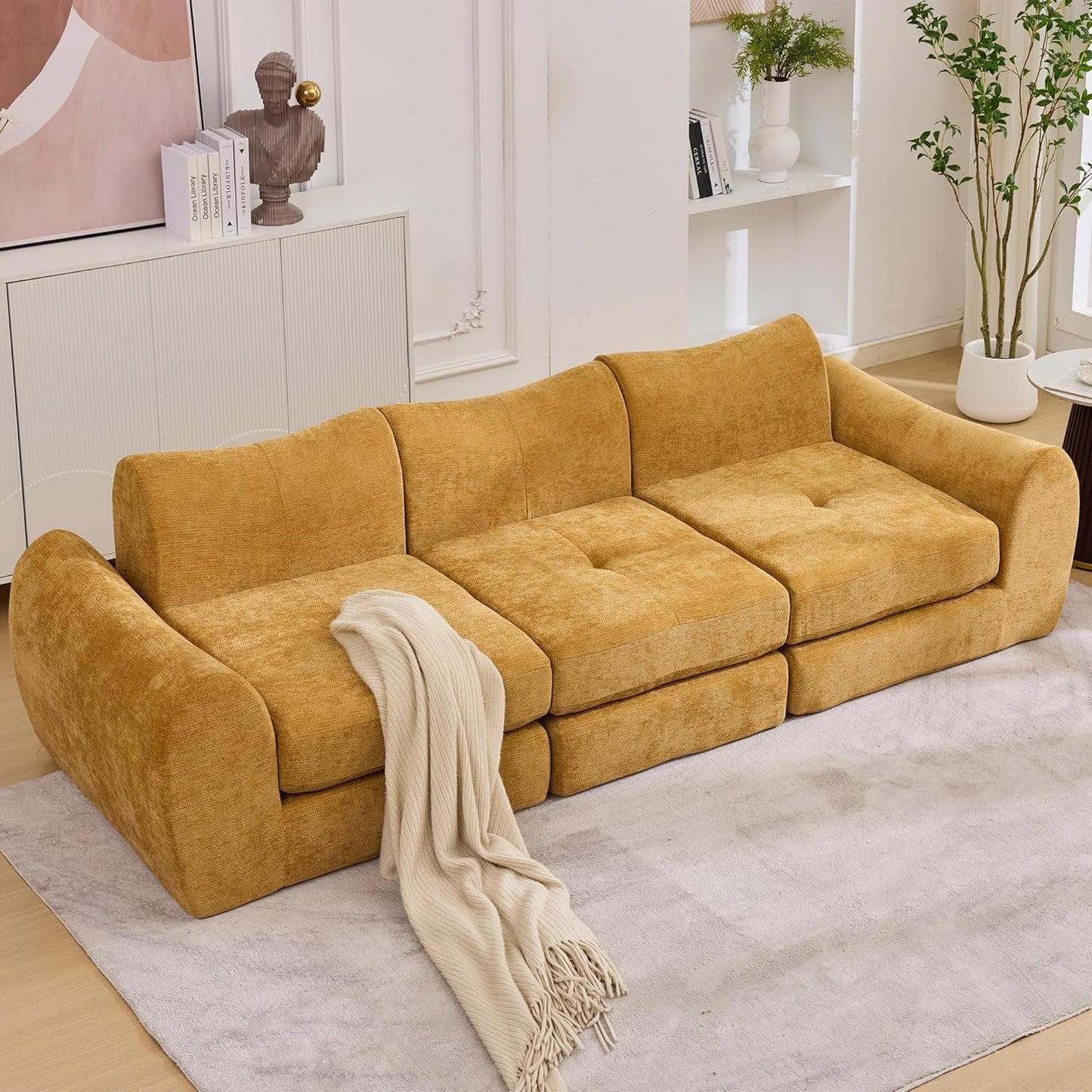 102" Modular Sectional Boneless Couch for Living Room, Convertible Cloud Sofa Bed Couches with Upholstered Deep Seat, No Assembly Needed, Ideal for Small Space Apartment Playroom Bedroom Yellow
