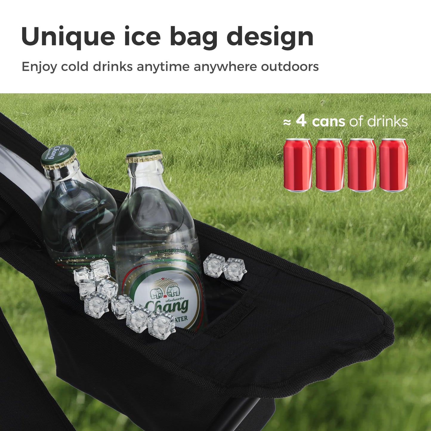 LET'S CAMP Camping Chair 2 Pack Folding Chair with 4-Can Cooler Bag Portable Lawn Chair with Cup Holder,Storage Pocket, Supports 250LBS, Collapsible Chair for Camp, Beach, Picnic (Black)