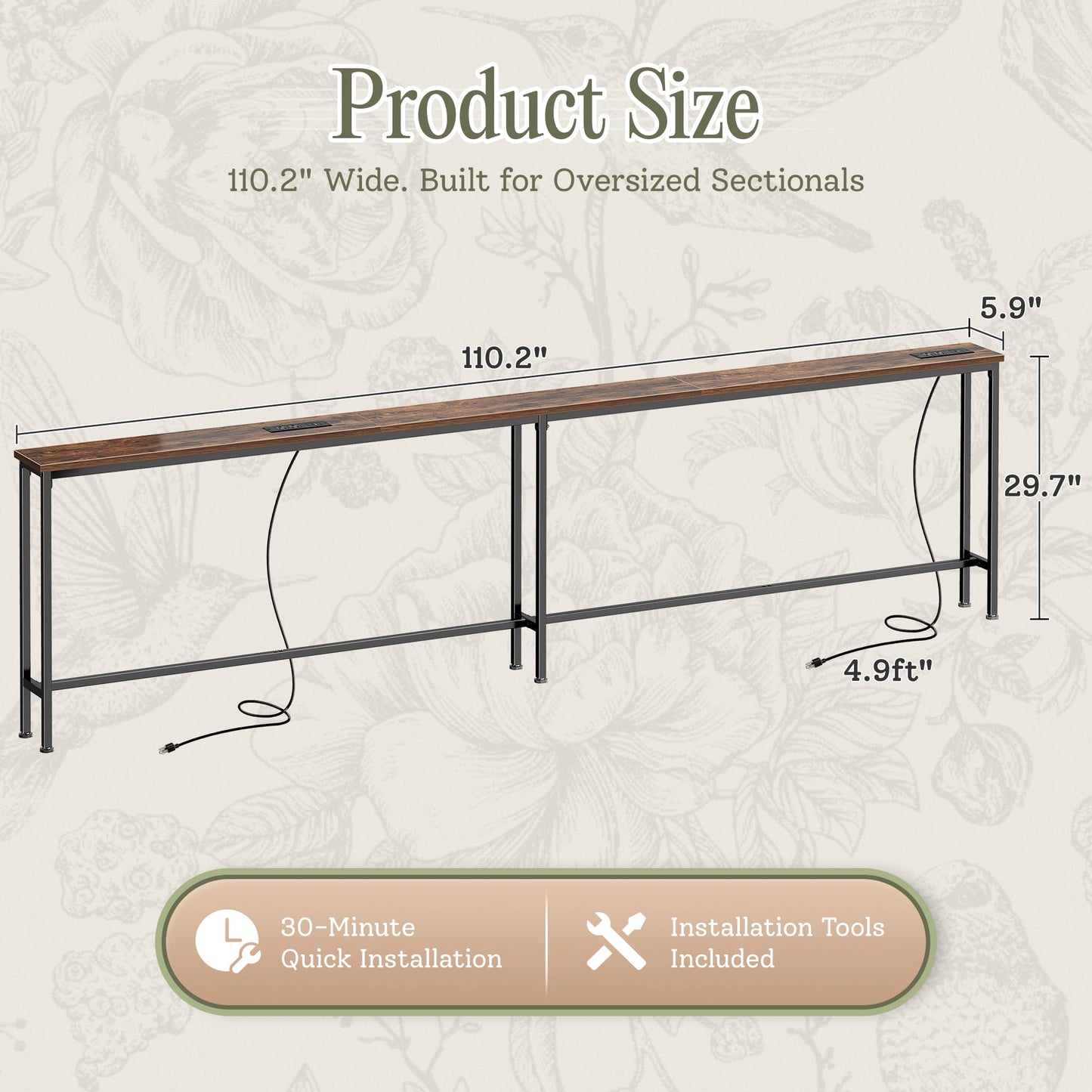 Huuger 110.2 Inch Behind Couch Table with 2 Power Outlets and USB-C Ports, Extra Long Narrow Sofa Table for Sectional Sofa, Skinny Console Table with Anti-Bump Pads, for Living Room, Rustic Brown