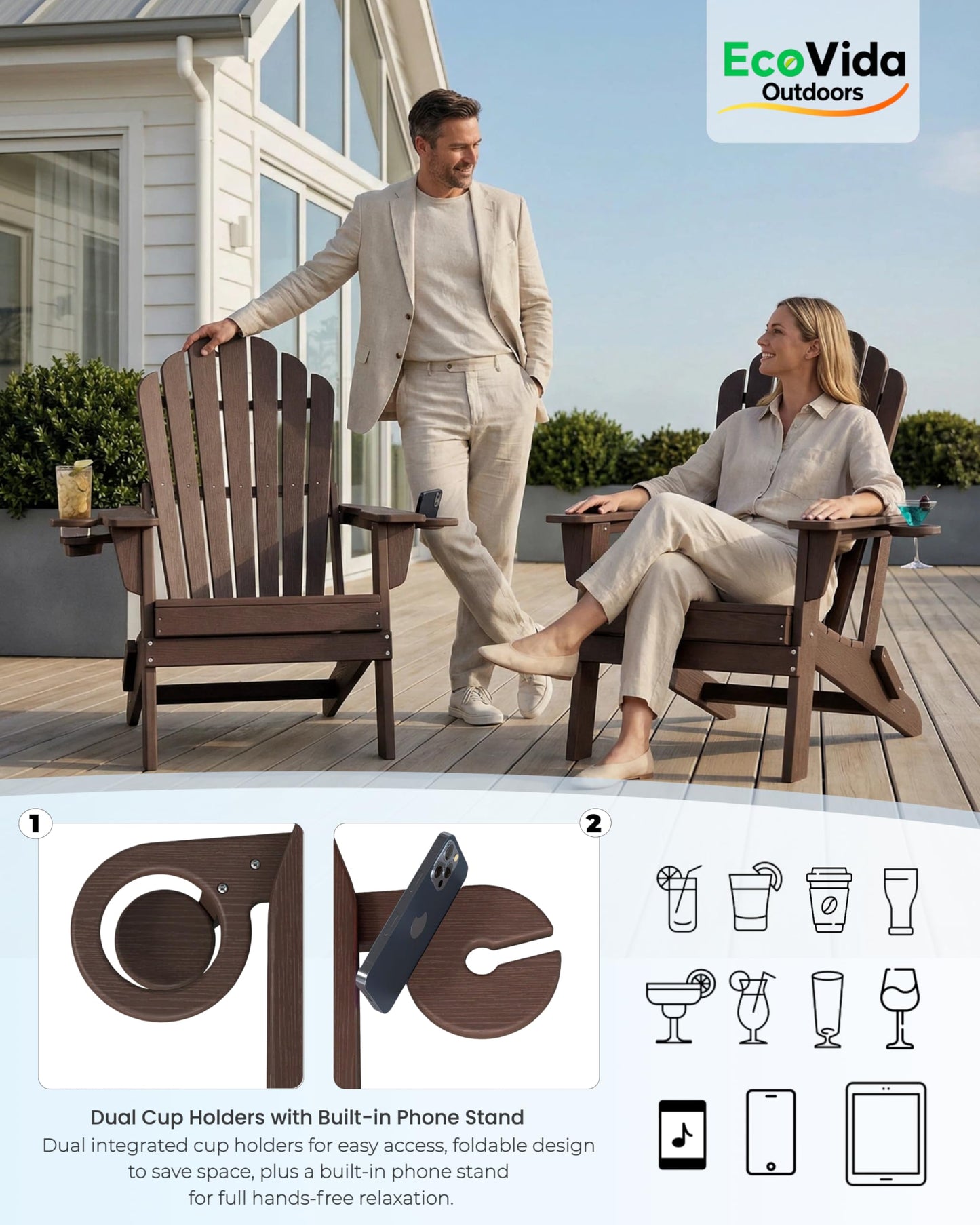 Folding Adirondack Chair with Dual Cup Holders, Ergonomic High Back HDPE Fire Pit Chair, 380lbs Capacity All-Weather Outdoor Patio Lounge Chair for Garden, Deck, Yard - Coffee