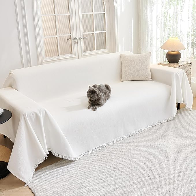 MYSKY HOME Couch Covers for Pets Thick Chenille White Cream Sofa Slipcover