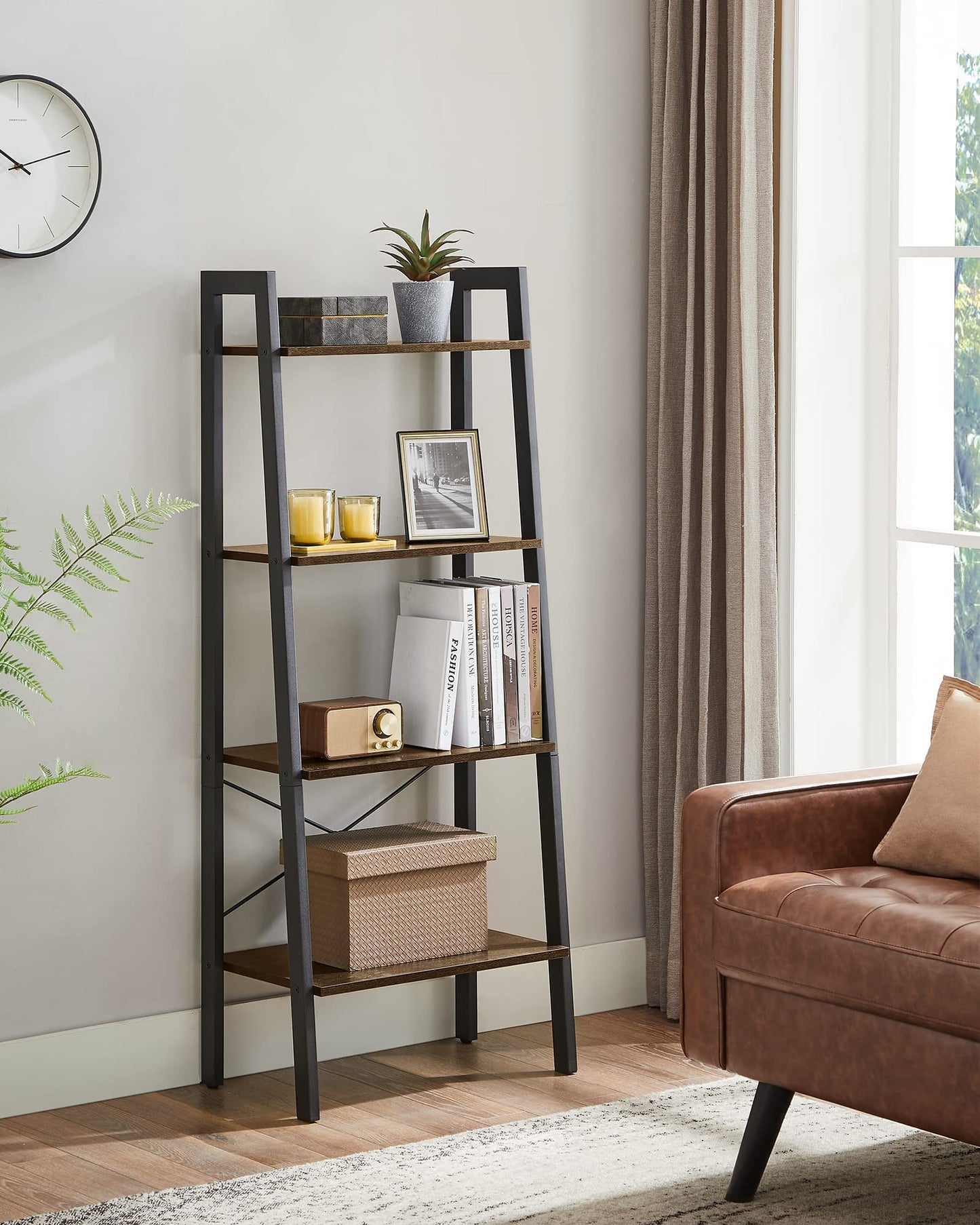 VASAGLE BARNET Collection - Ladder Shelf, Bookshelf, Storage Rack, Modern Bookcase for Living Room Home Office Kitchen, Steel Frame, 4-Tier, 22-Inch Wide, Hickory Brown and Ink Black ULLS44BF