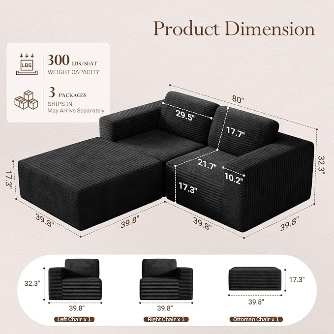 Vesgantti 80" Modular Sectional Sofa, Corduroy Cloud Couch