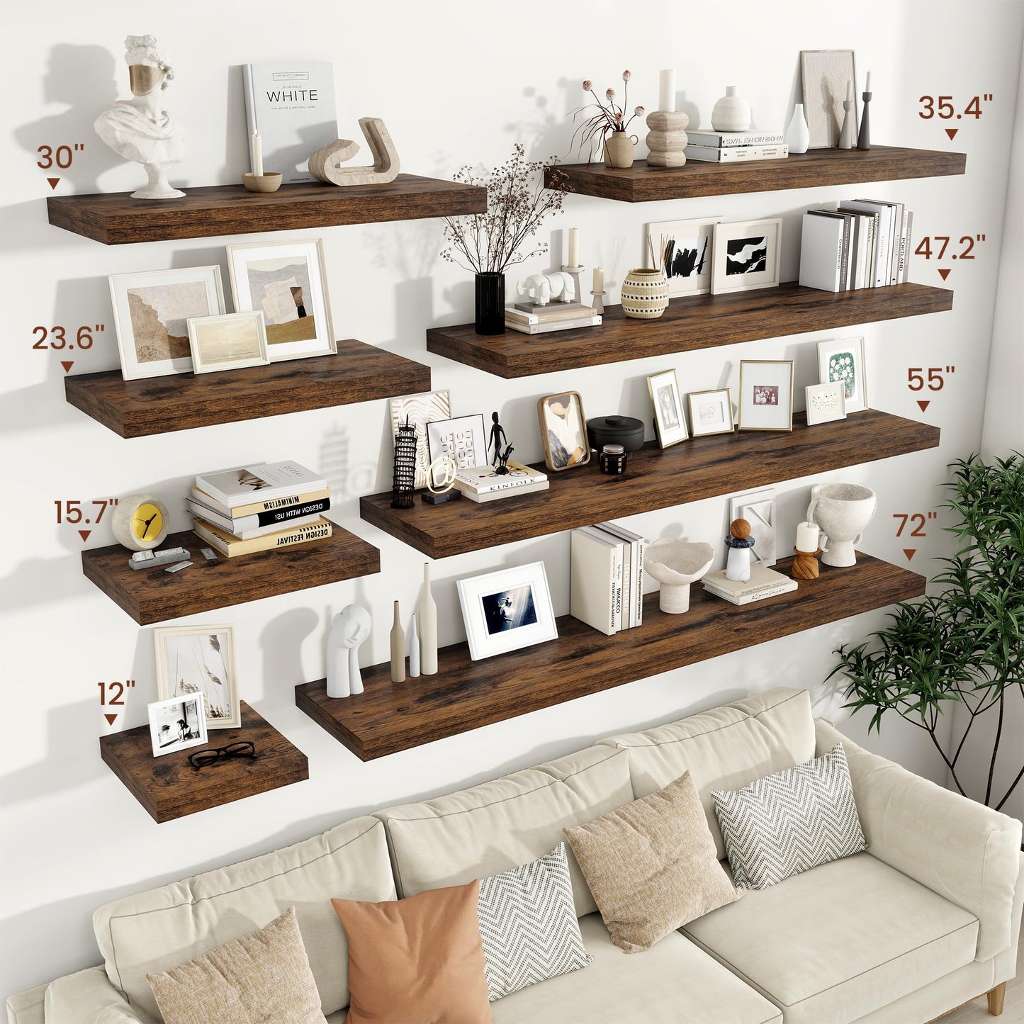 Vivelove 12" Deep Floating Shelves for Wall 12" Long, Wall Shelves for Living Room Bedroom Bathroom Kitchen Laundry Room, Farmhouse Rustic Shelves for Home Decor, 12" X 12" X 2" Set Of 2, Rustic Brown