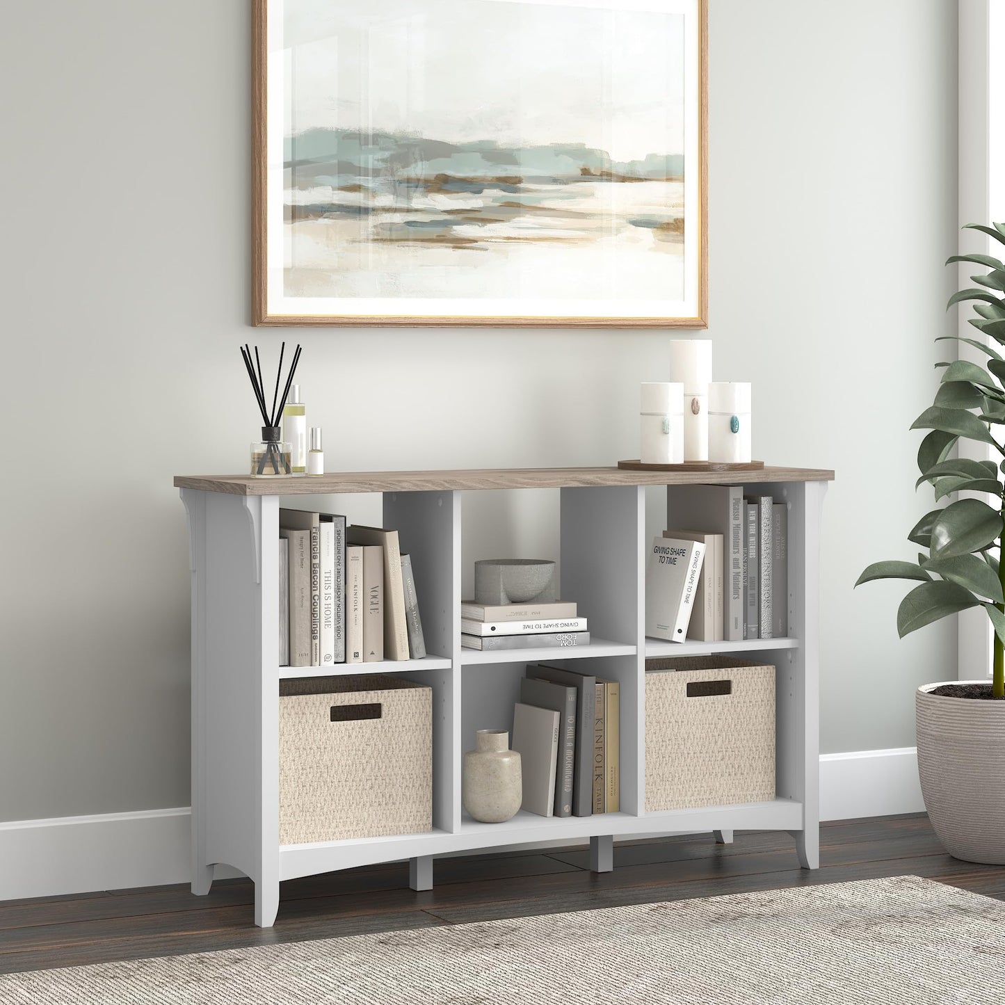 Bush Home Salinas 6 Cube Organizer in Pure White and Shiplap Gray, Office Storage Solution, Home Organizer with Open Shelving, Compact Unit for Books and Supplies