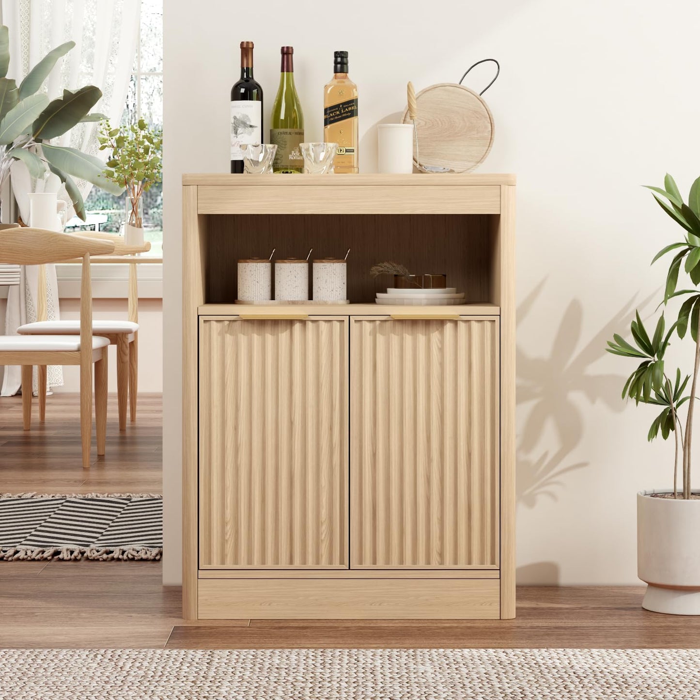 AURINEST Fluted Buffet Cabinet with Storage, Small Coffee Bar Cabinet with Doors & Adjustable Shelves, Wood Storage Cabinet for Kitchen, Living Room, Entryway, Oak