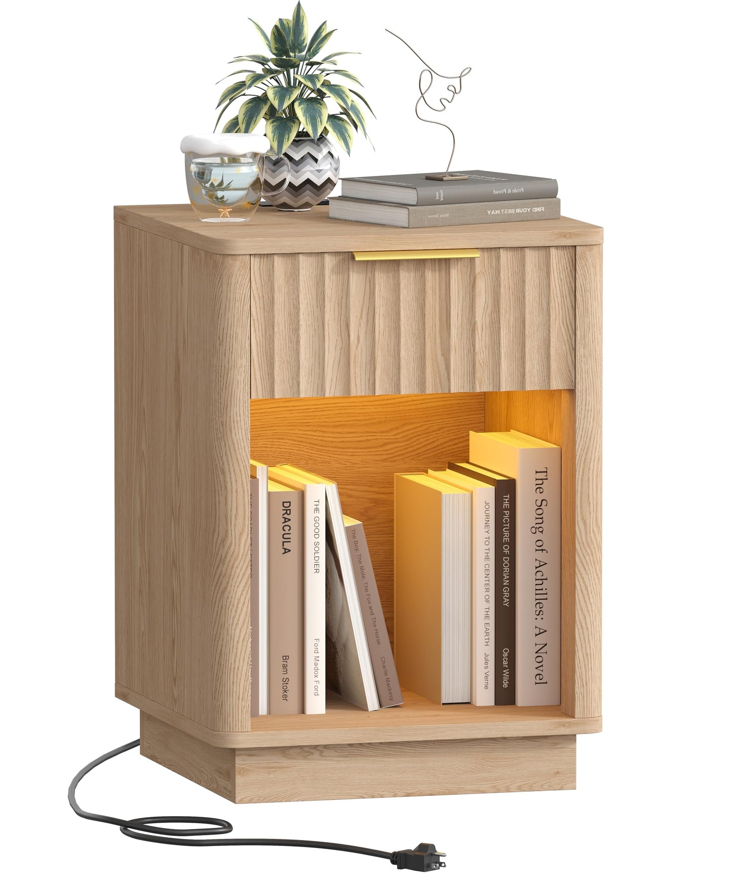 Akxomel Fluted Nightstand, Wooden Night Stand with Charging Station and LED Light, Modern Mid Century End Table with Drawer, 15" D x 15.7" W x 22.6" H, for Bedroom, Natural Oak