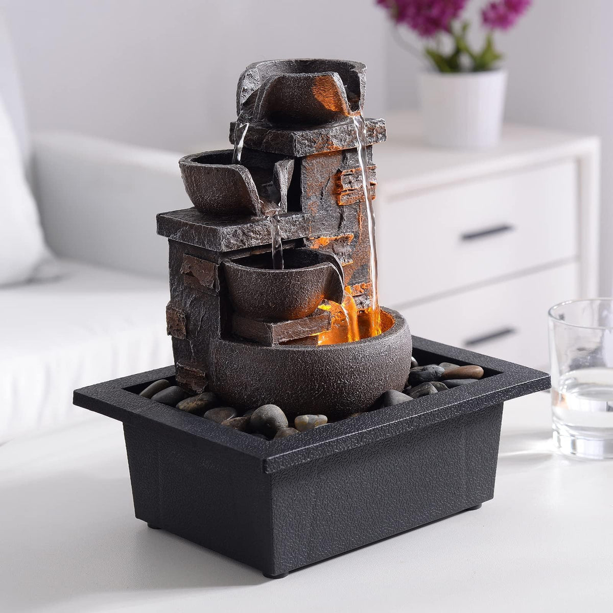 Kalona Décor Desktop Fountain - 10" 4-Tier Design with Imitation Stone, Indoor Waterfall Tabletop River Rocks & Resin Material for Serene Meditation & Relaxation - Ideal for Home & Office Decor