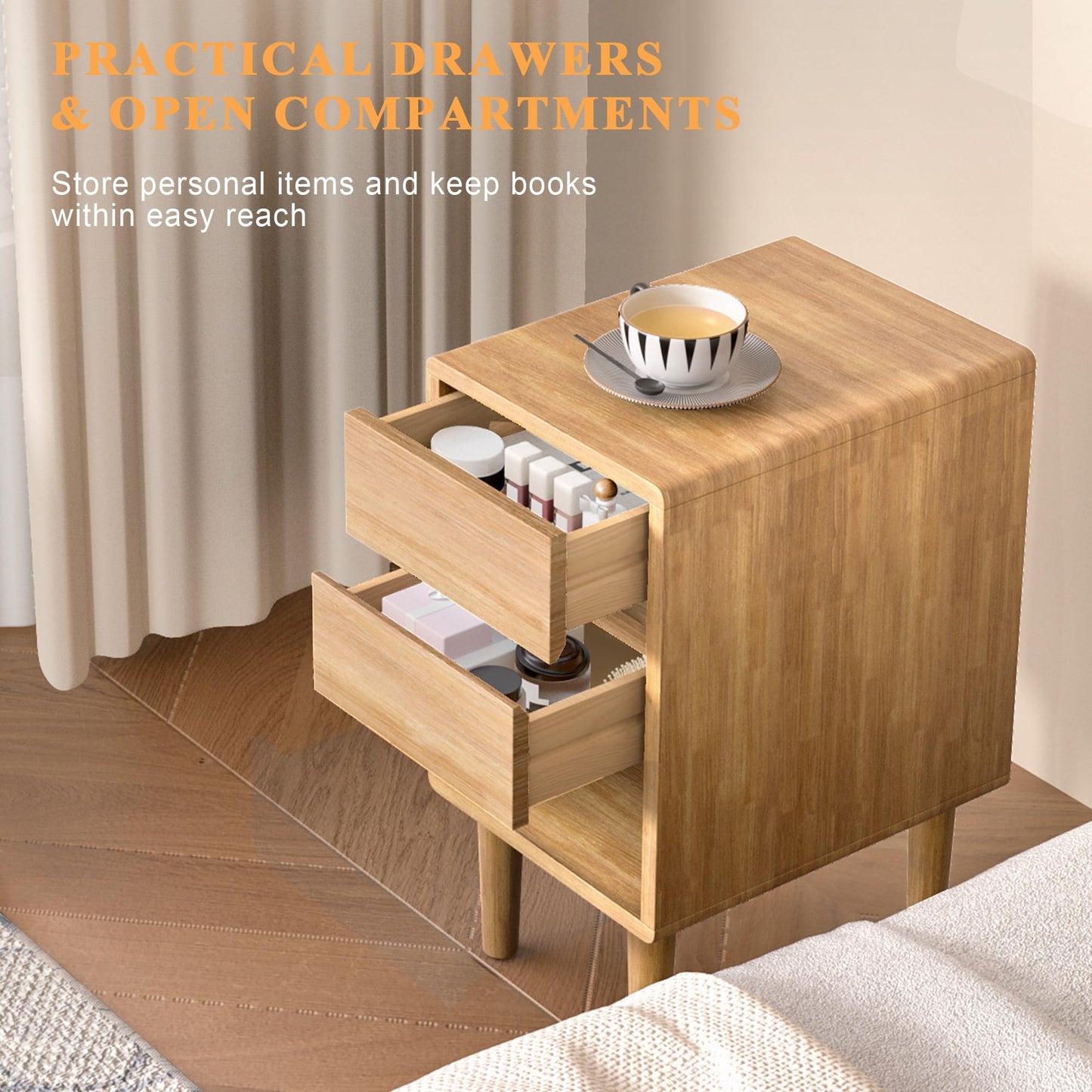 Nightstand 2 Drawers with Open Shelf Narrow Night Stand Solid Wood Bedside Table Mid Century Modern Nightstand Wooden End Table for Bedroom, Study, Office