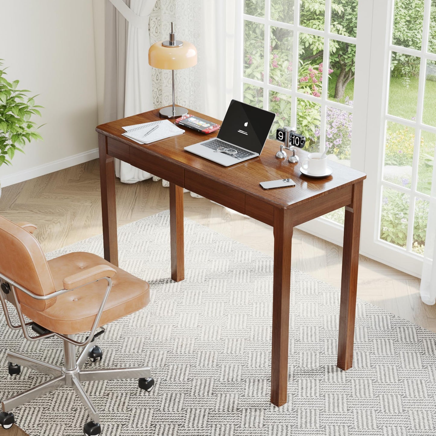 LuxeSand 100% Solid Wood Desk with Drawers 39 x 15 Inch Mid Century Modern Desk Vintage Small Writing Wooden Desks for Small Spaces Bedroom, Living Room, Office