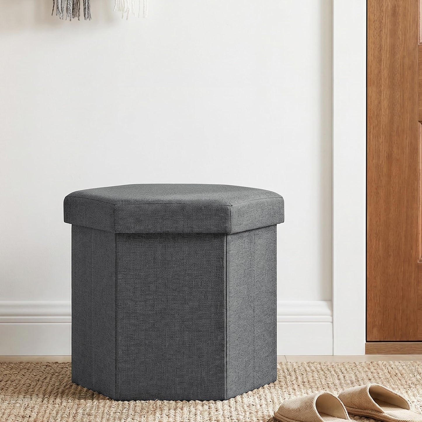ZOLANOful Hexagon Storage Ottoman, Foldable Linen Footrest with Hidden Storage, Upholstered Ottoman Footstool for Living Room, Bedroom, Dorm, Entryway, 15 x 16.9 x 15 Inches, Grey
